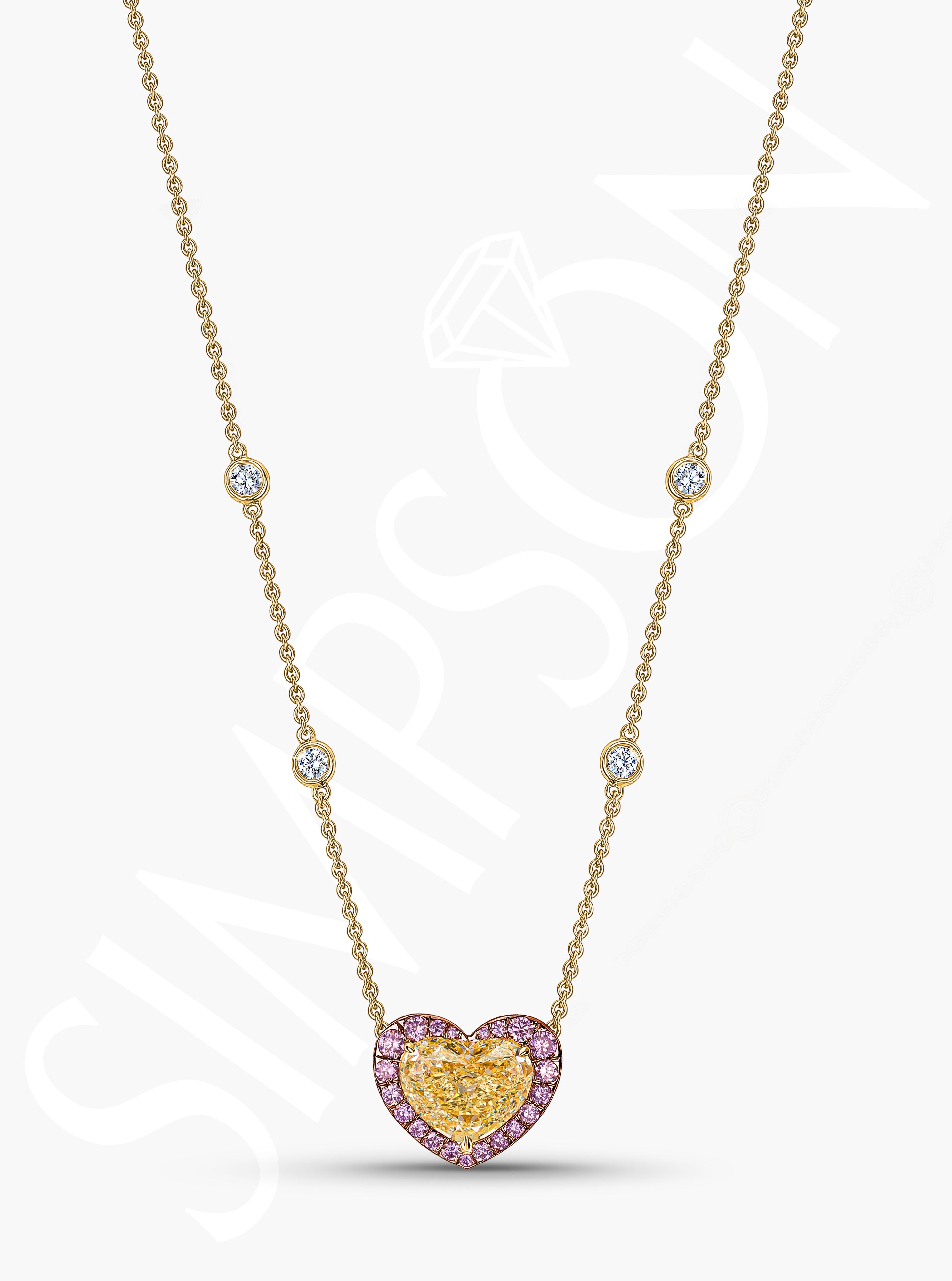 Heart-Shaped Yellow Diamond Pendant with Pink Diamond Halo
