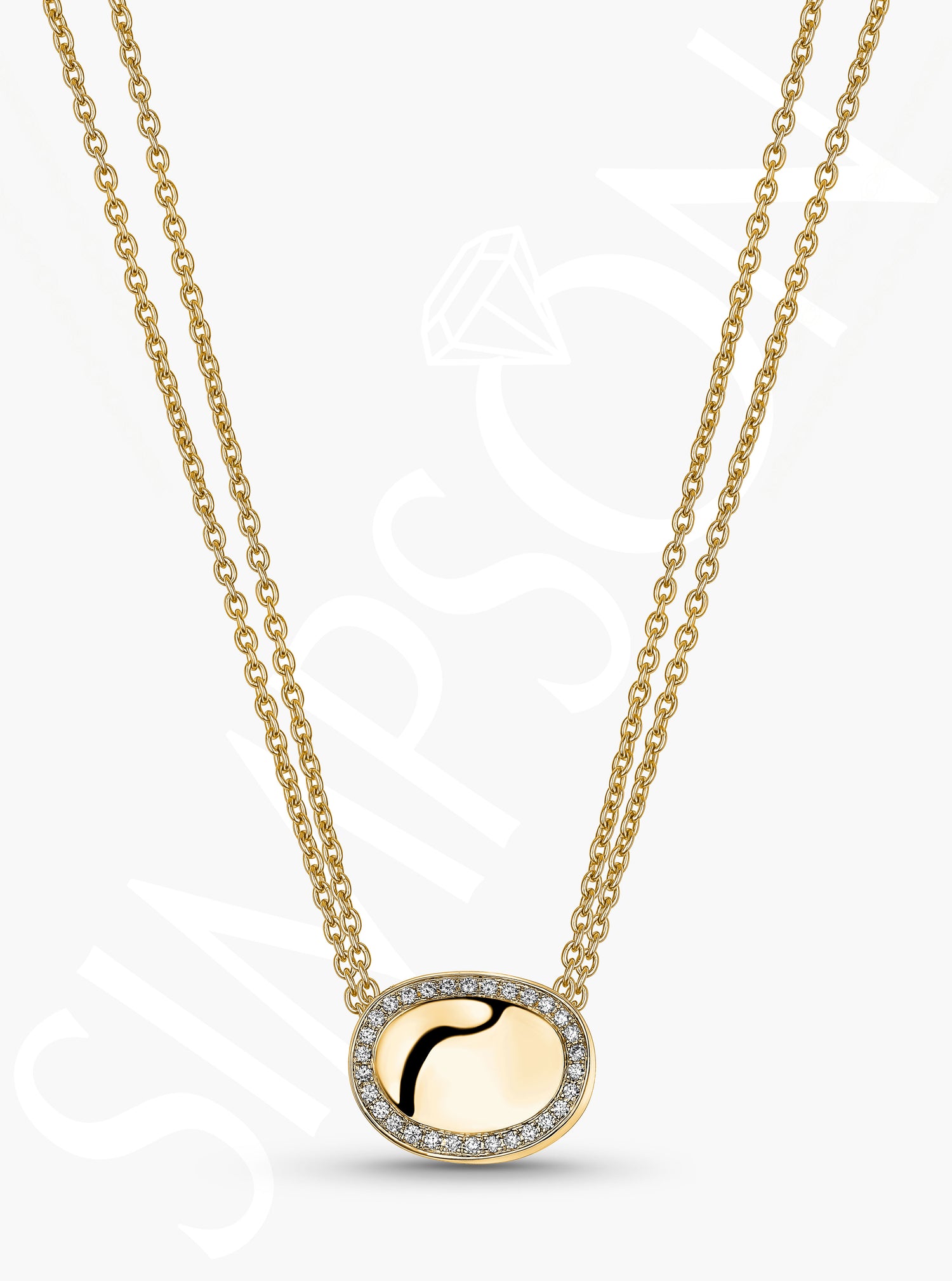 Yellow Gold Oval Necklace With Diamond Halo And Double Chain