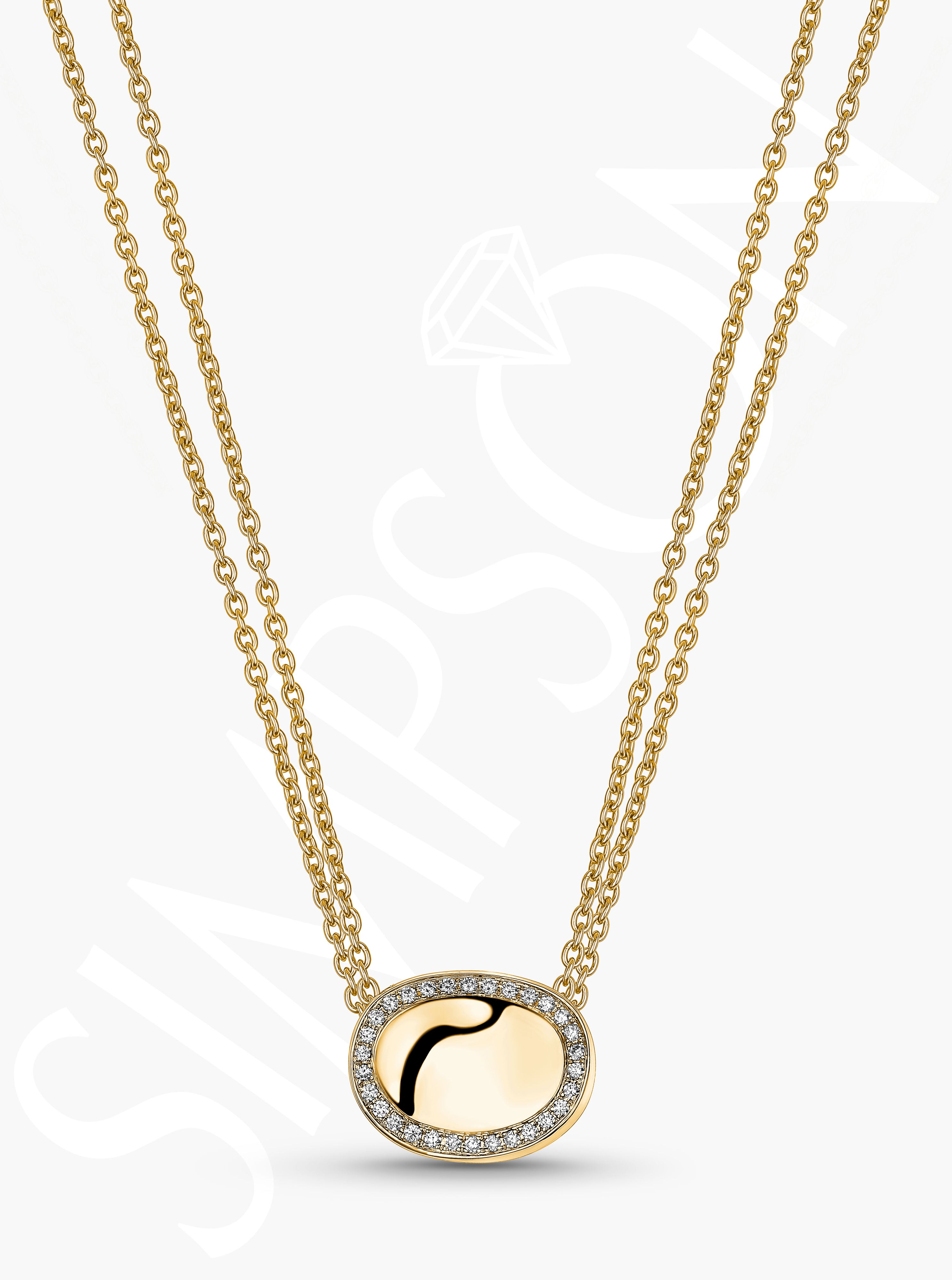 Yellow Gold Oval Necklace With Diamond Halo And Double Chain