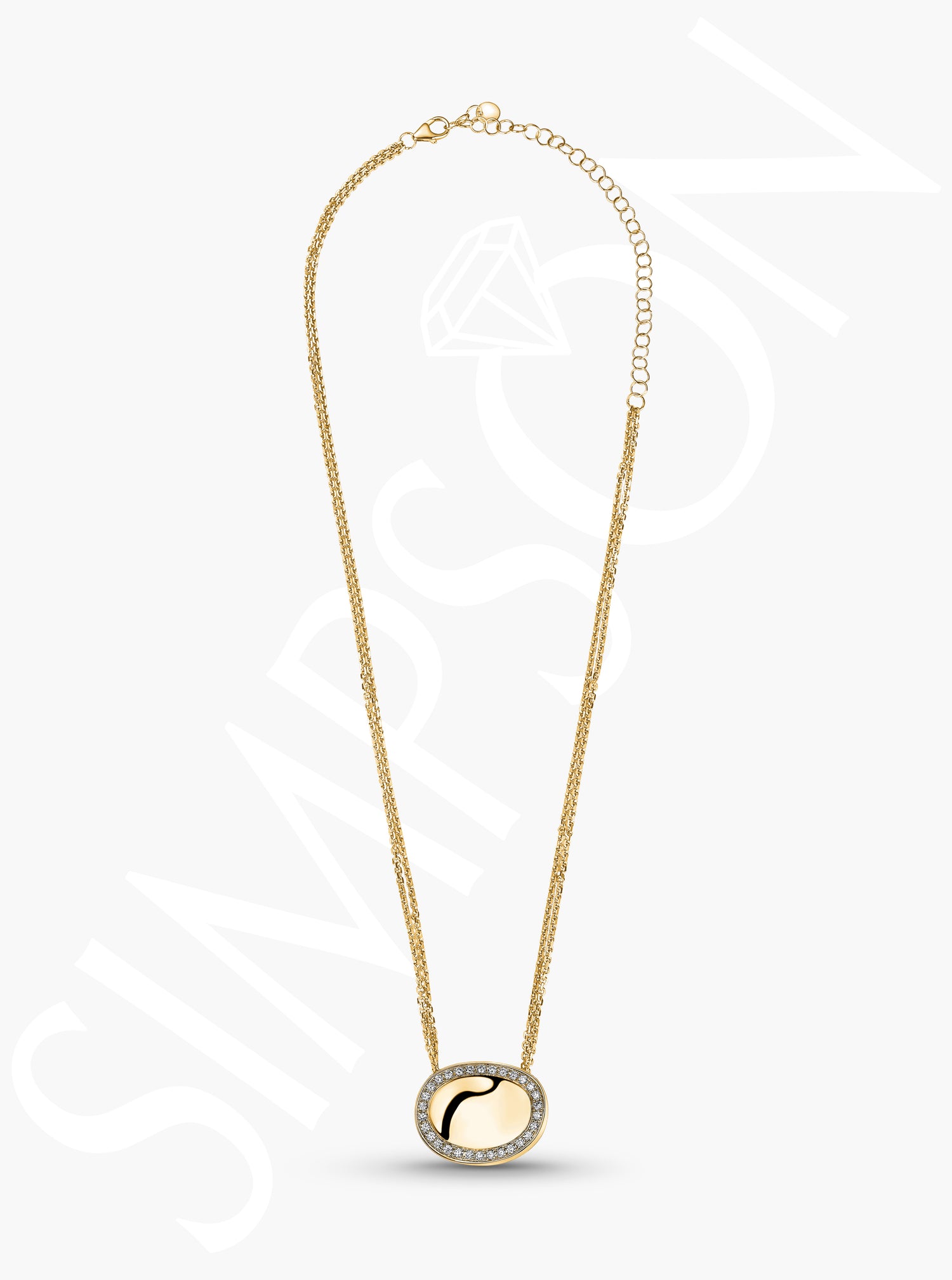 Yellow Gold Oval Necklace With Diamond Halo And Double Chain