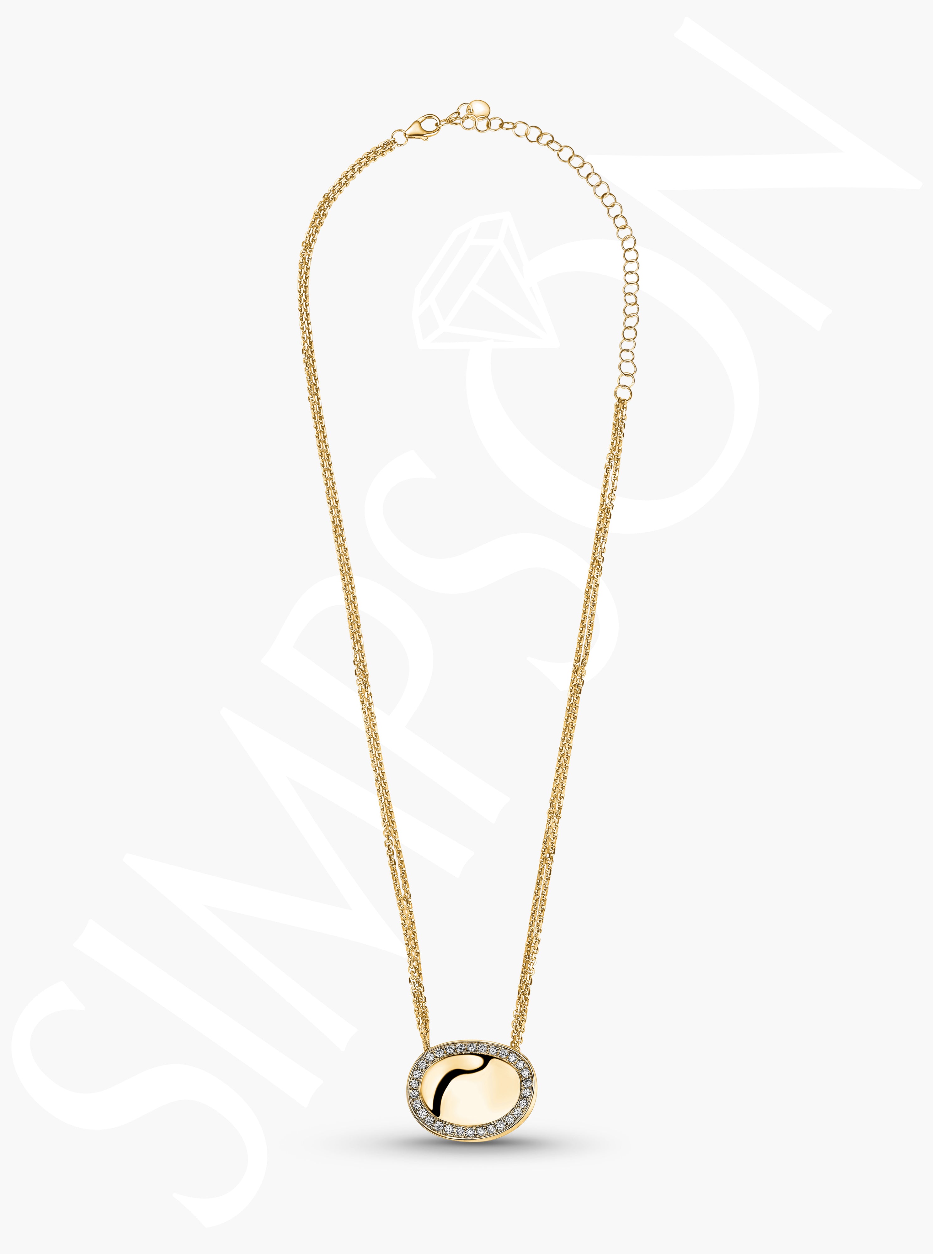 Yellow Gold Oval Necklace With Diamond Halo And Double Chain