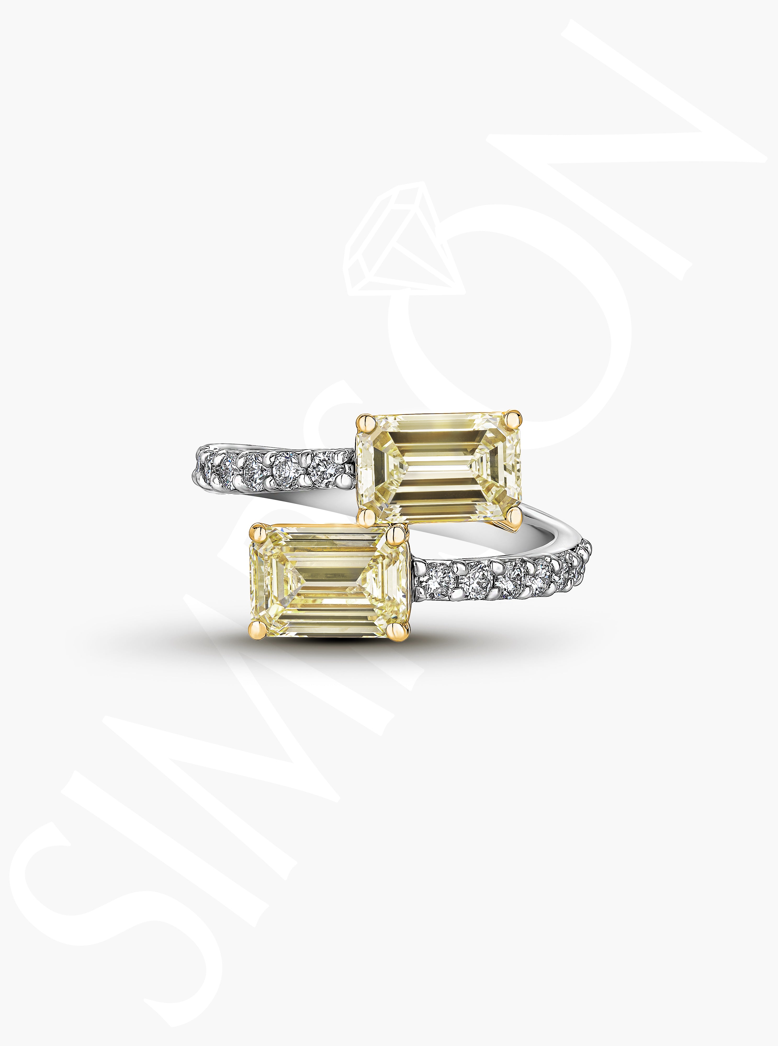 Crossover Ring with Emerald-Cut Yellow Diamonds and Pavé Band