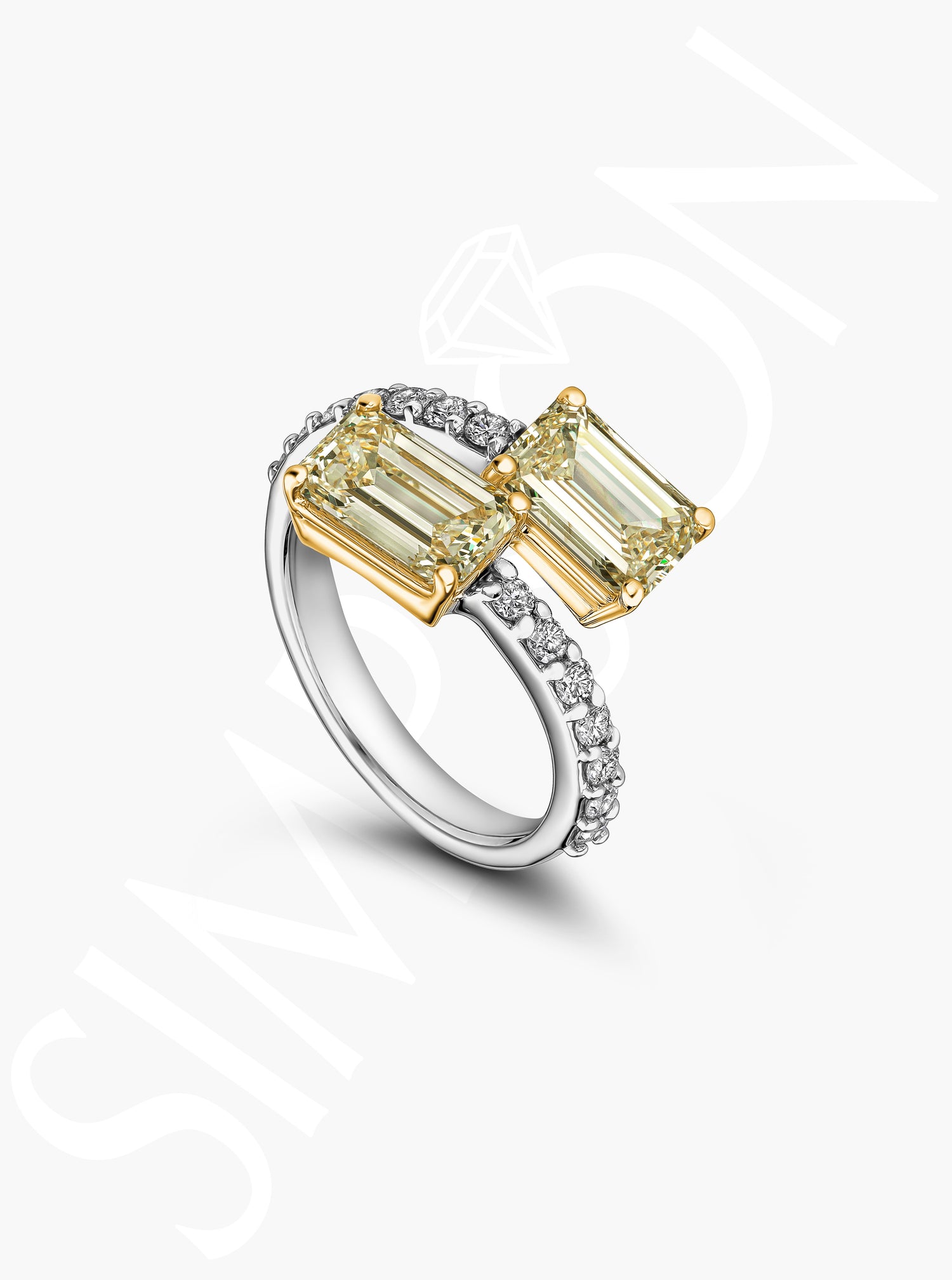 Crossover Ring with Emerald-Cut Yellow Diamonds and Pavé Band