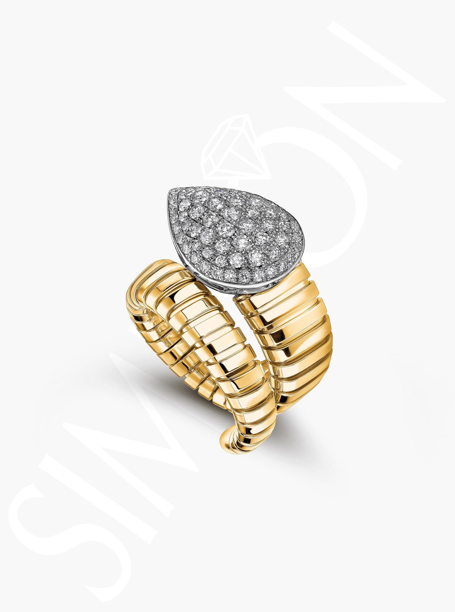 Pear-Shaped Pavé Diamond Ring with Tubogas Band