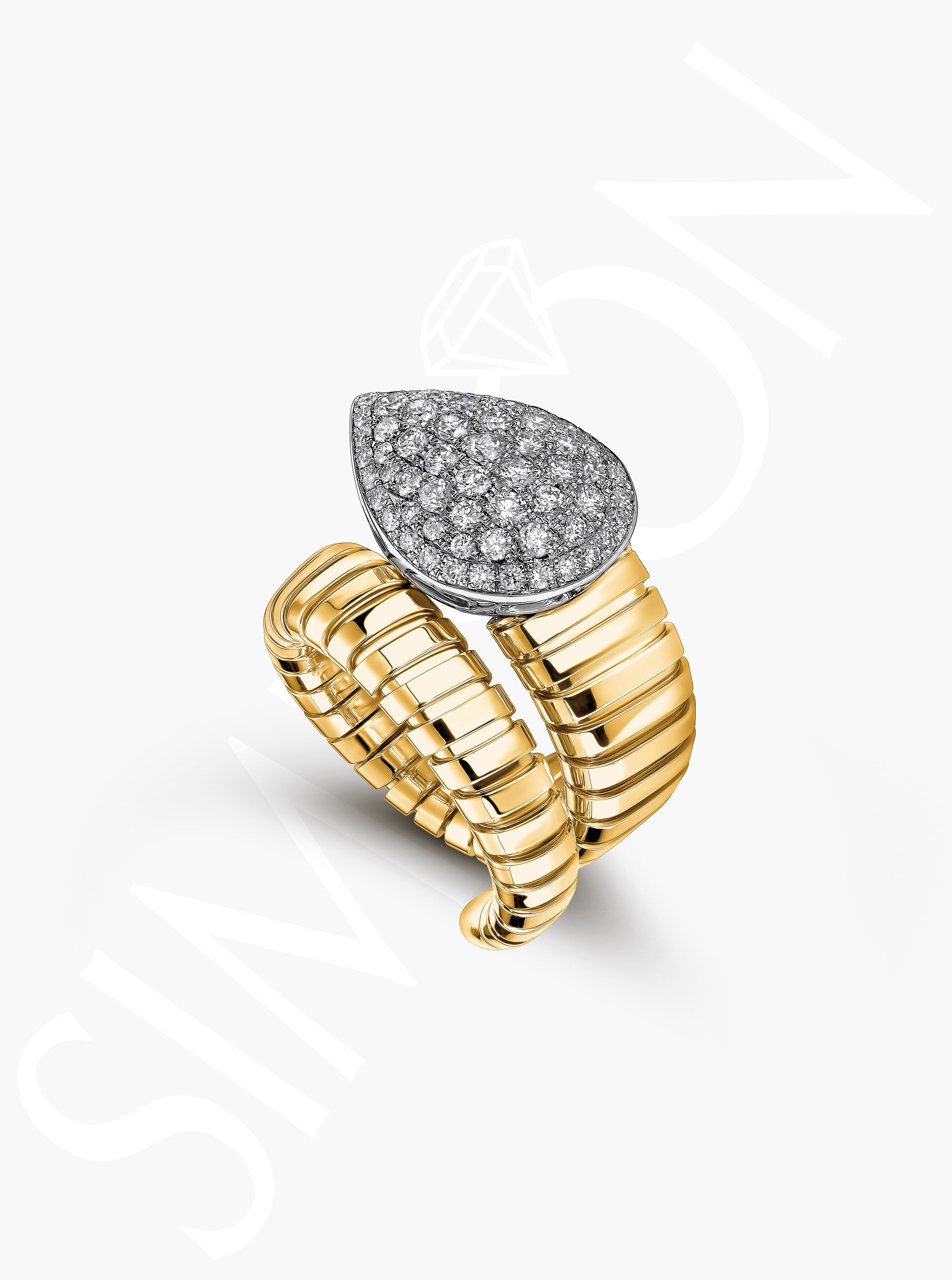 Pear-Shaped Pavé Diamond Ring with Tubogas Band
