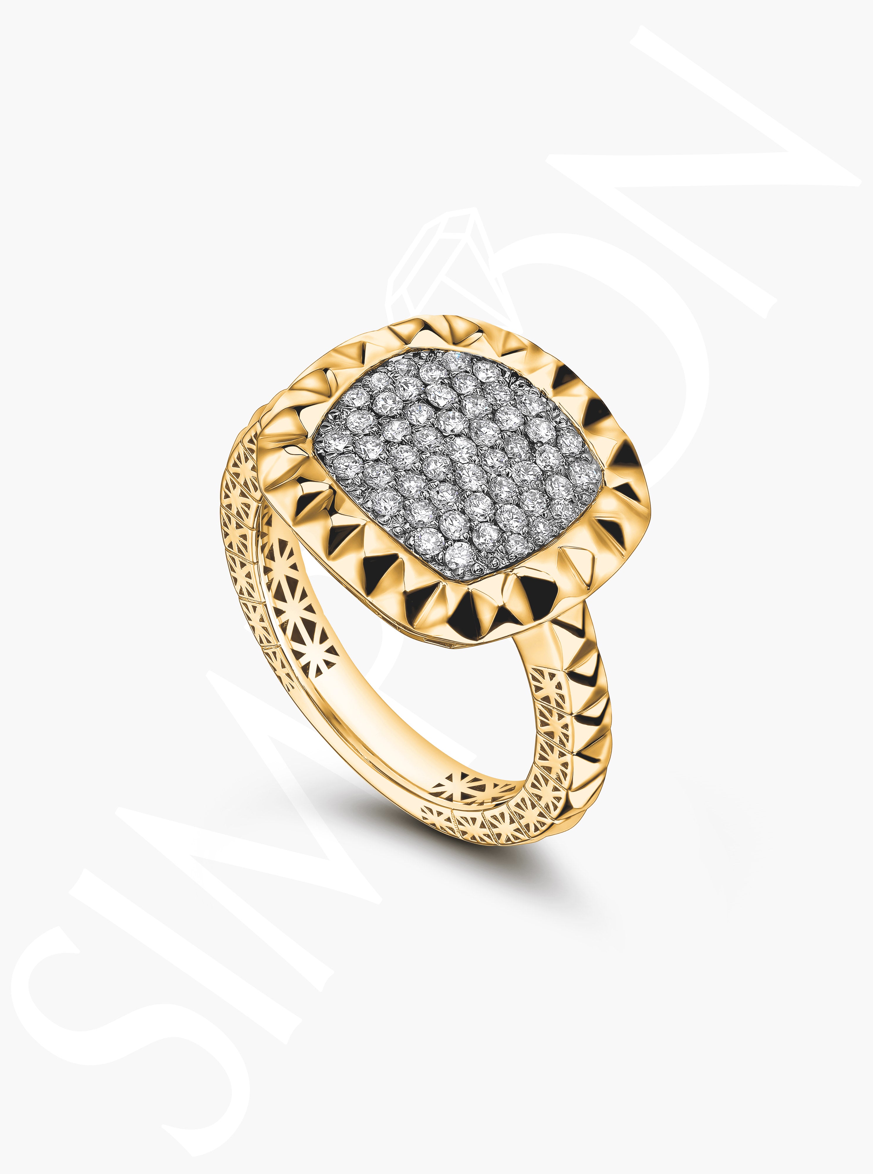 Pavé Diamond Ring with Yellow Gold Bezel