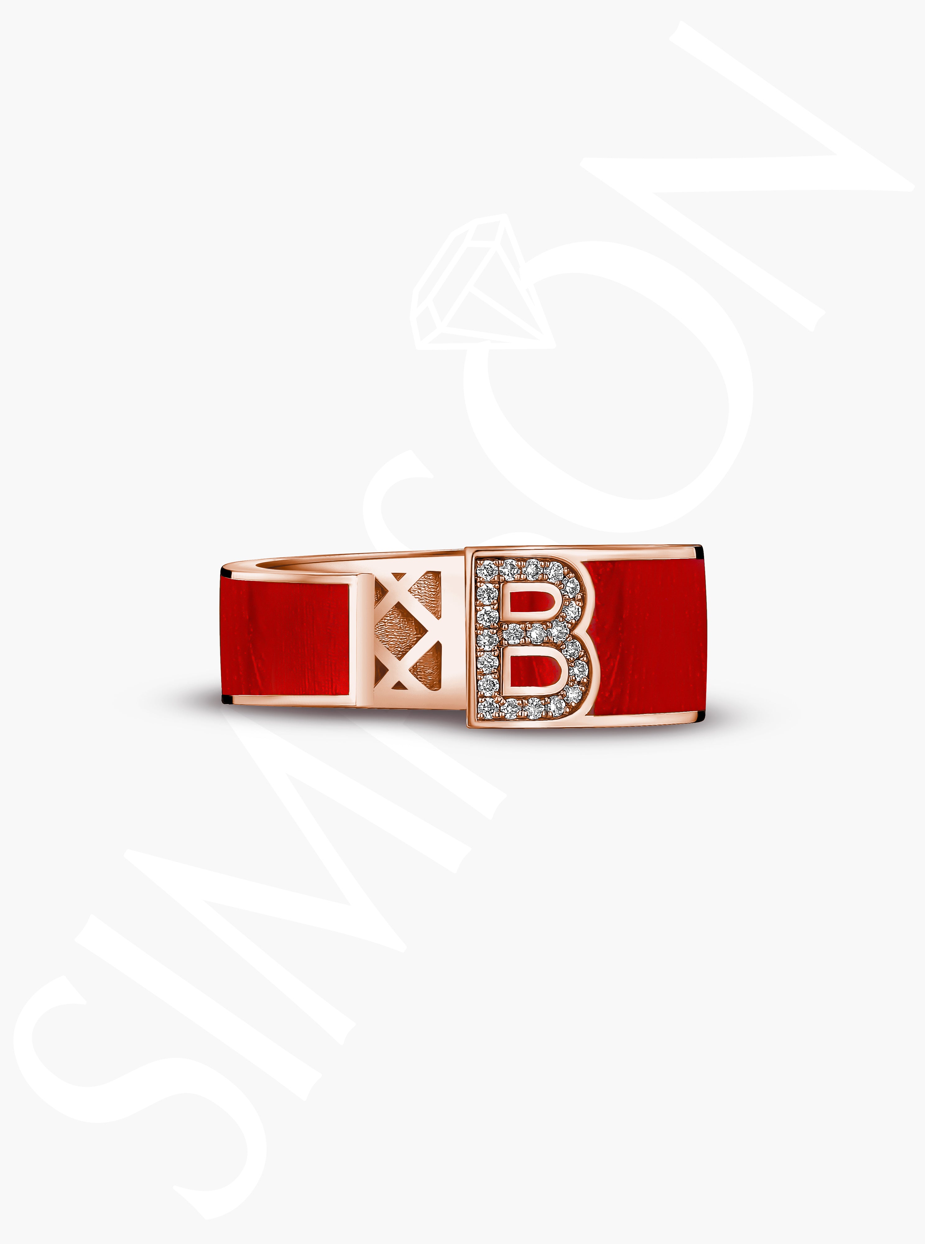 Red Enamel ‘B’ Diamond Initial Ring