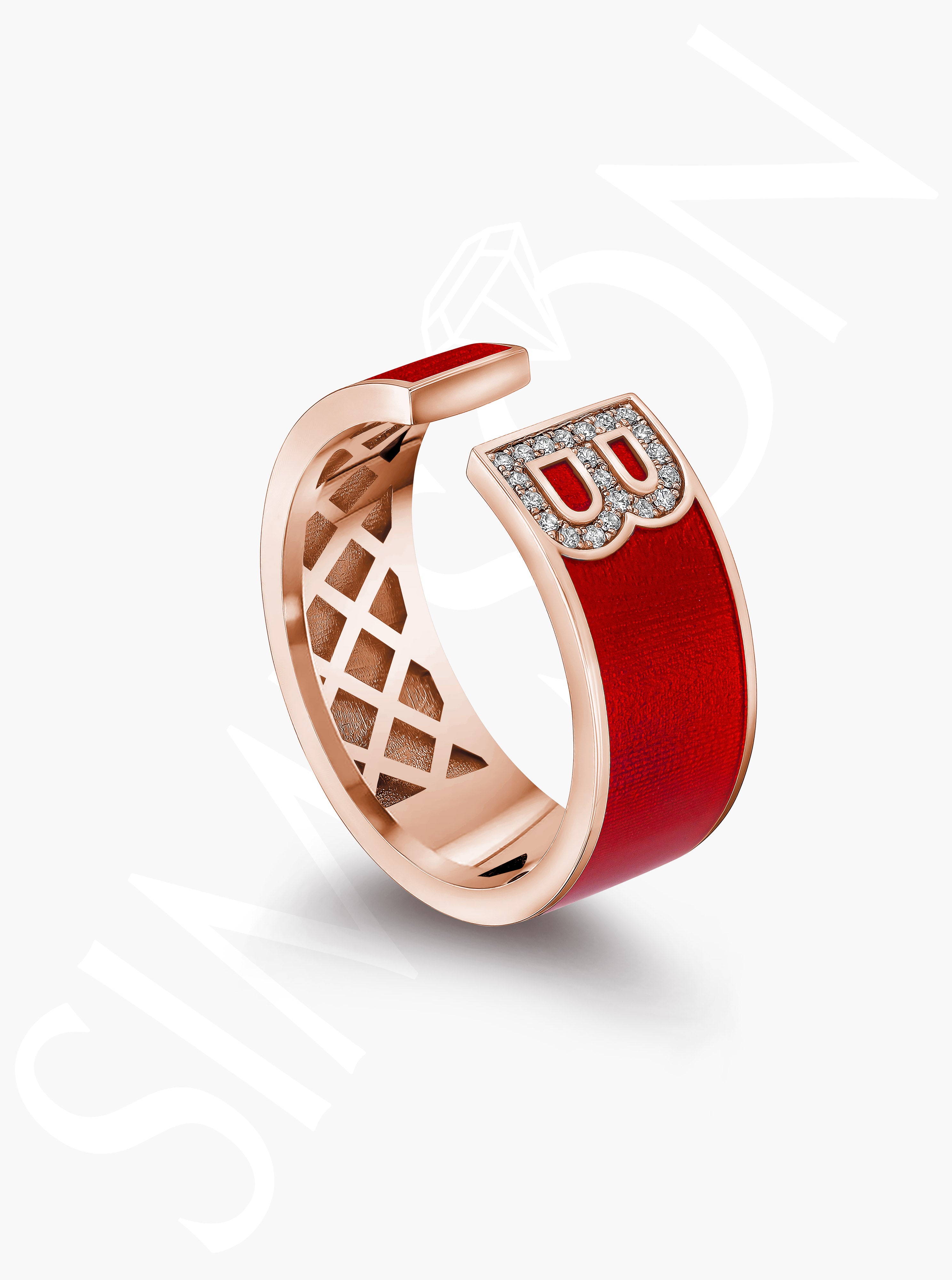 Red Enamel ‘B’ Diamond Initial Ring