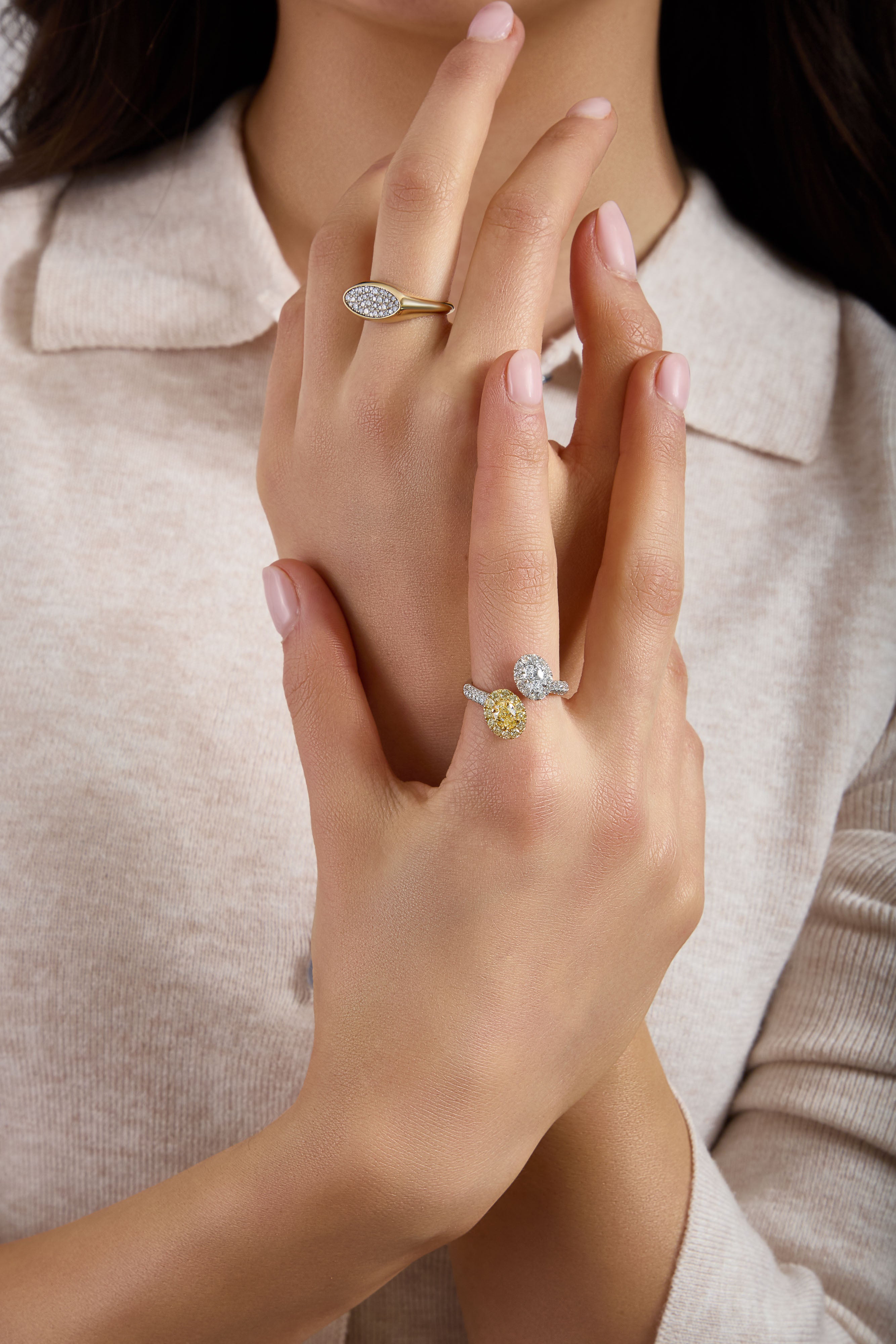 Two-Tone Oval Diamond Crossover Ring