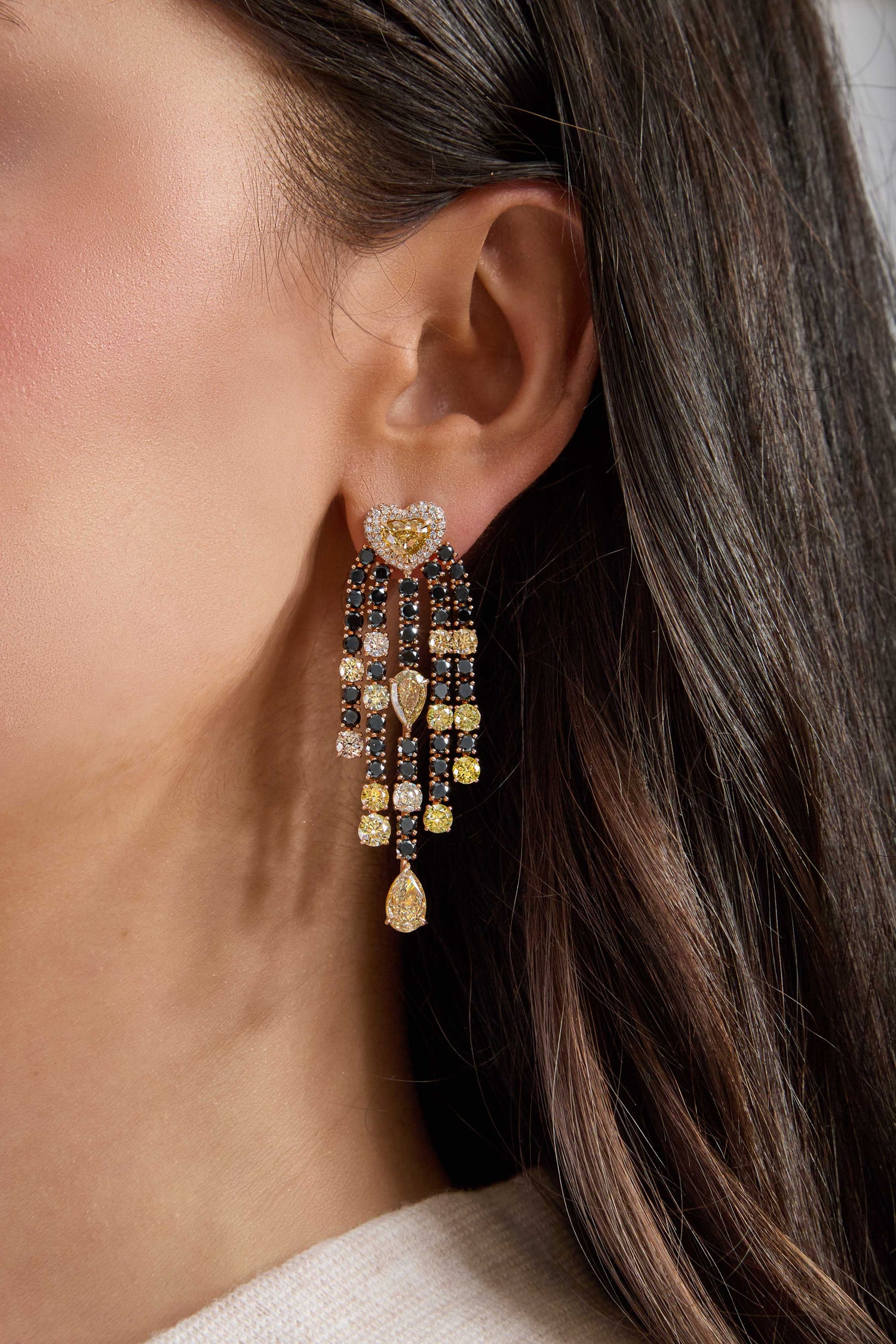 Heart Chandelier Earrings With Multi-Color Diamonds