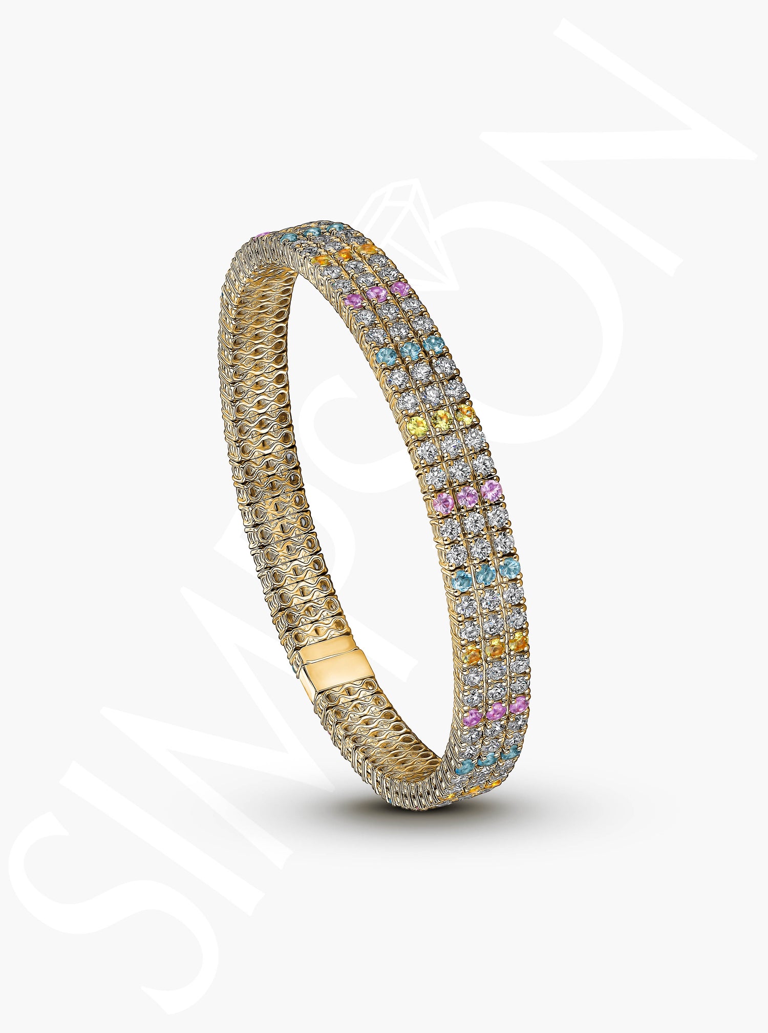 Yellow and Pink Sapphire and Blue Topaz Stretch Bracelet with Diamonds