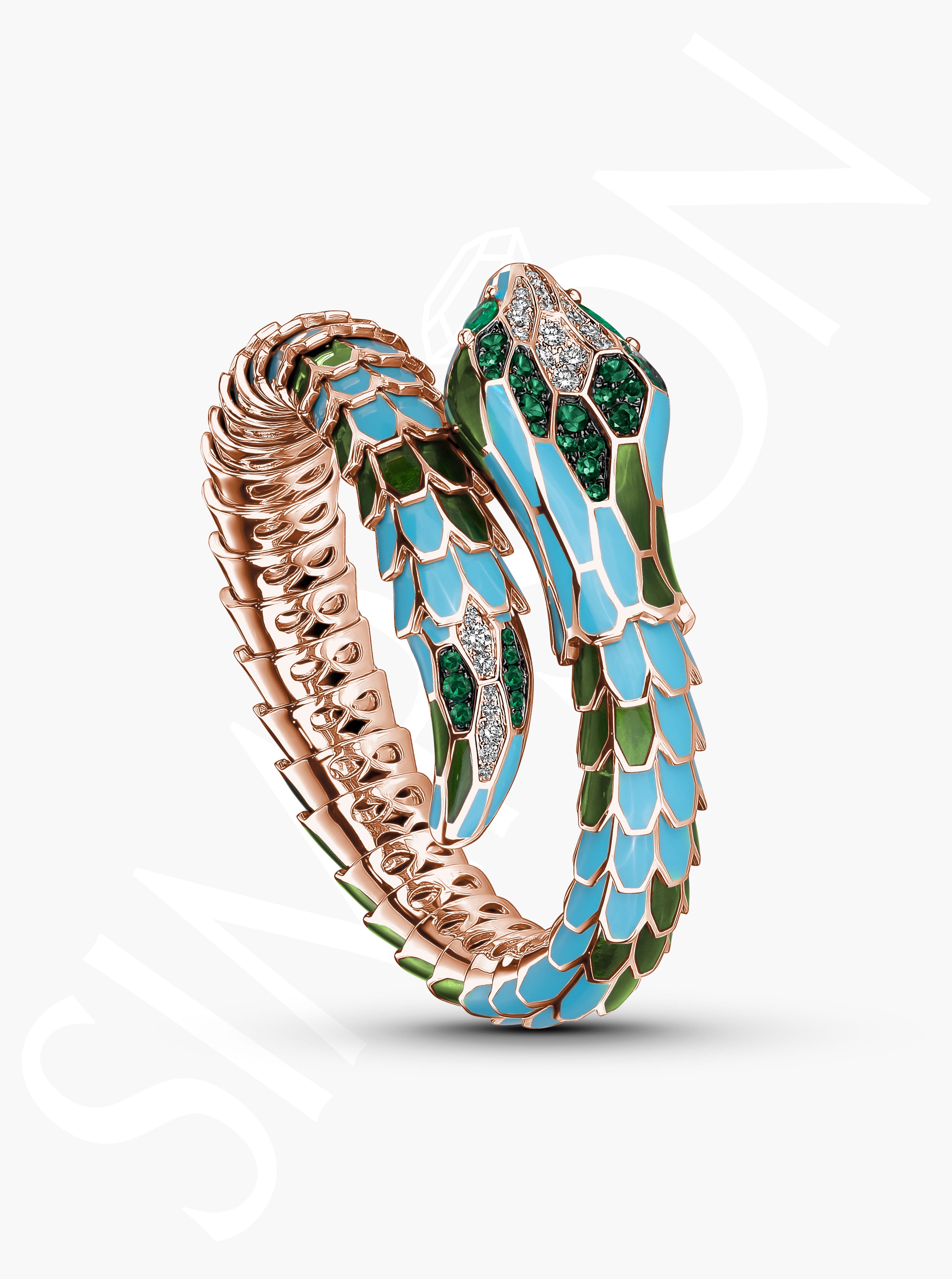 Diamond and Emerald Enamel Serpent Bangle