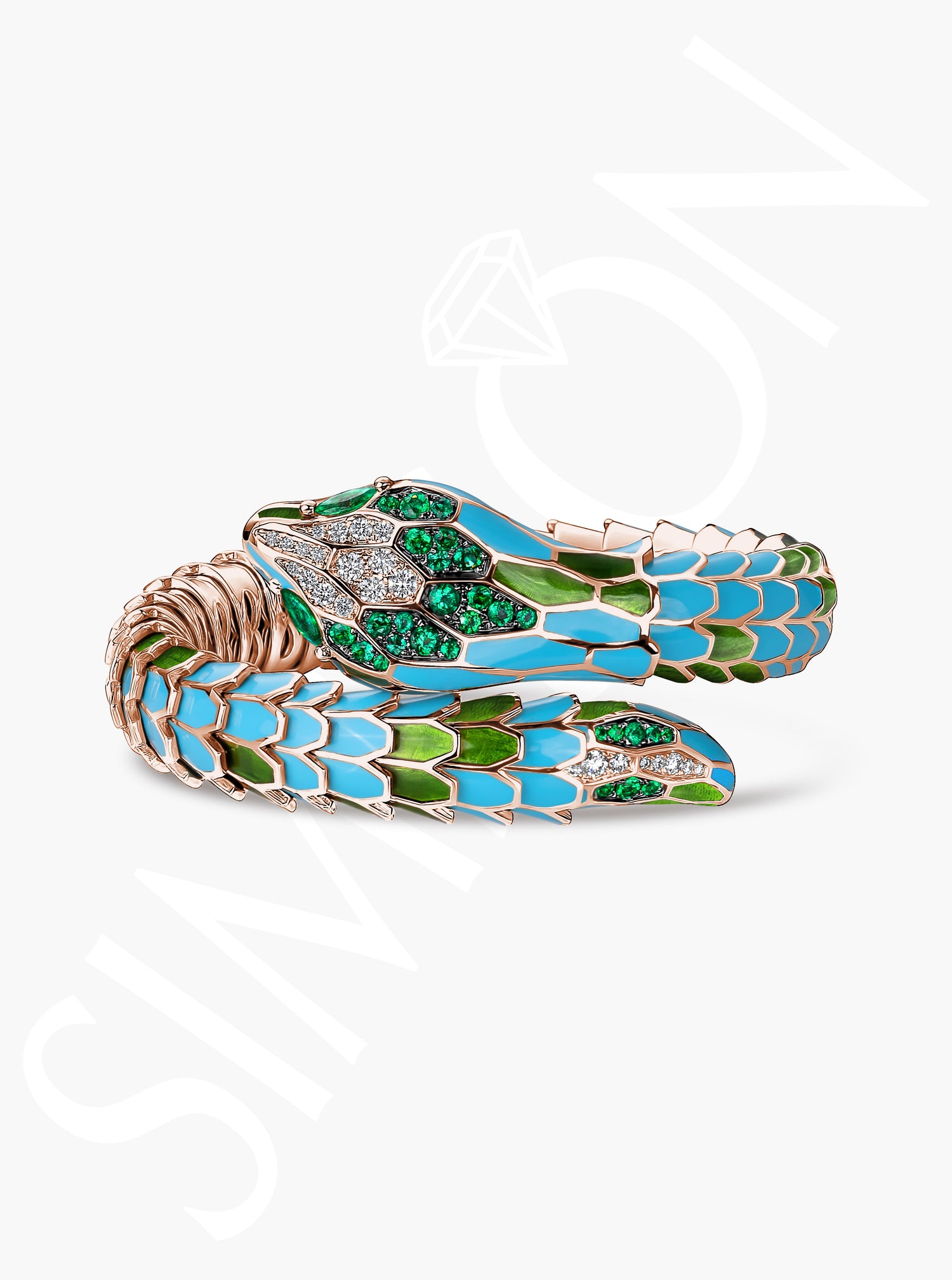 Diamond and Emerald Enamel Serpent Bangle