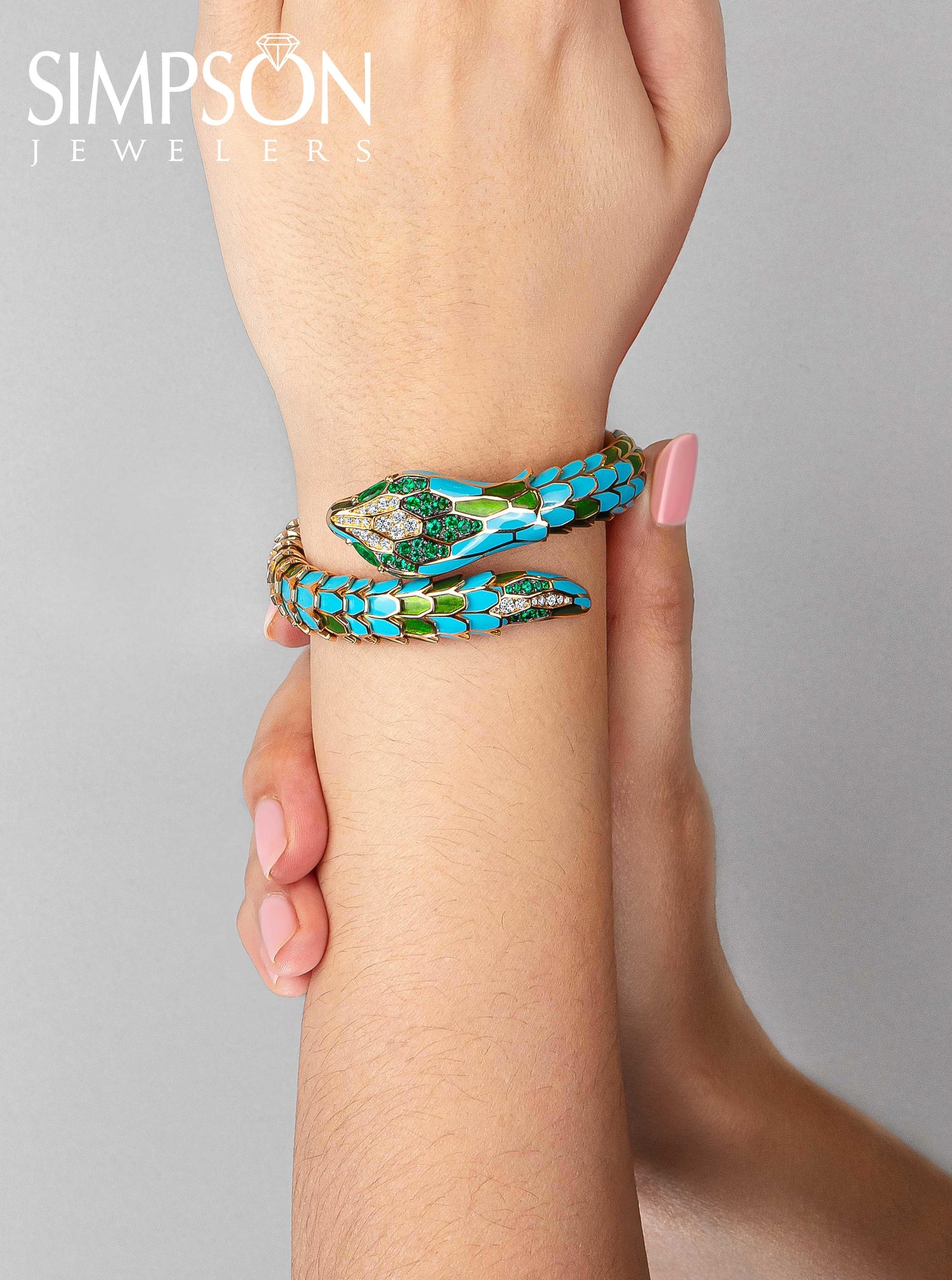 Diamond and Emerald Enamel Serpent Bangle