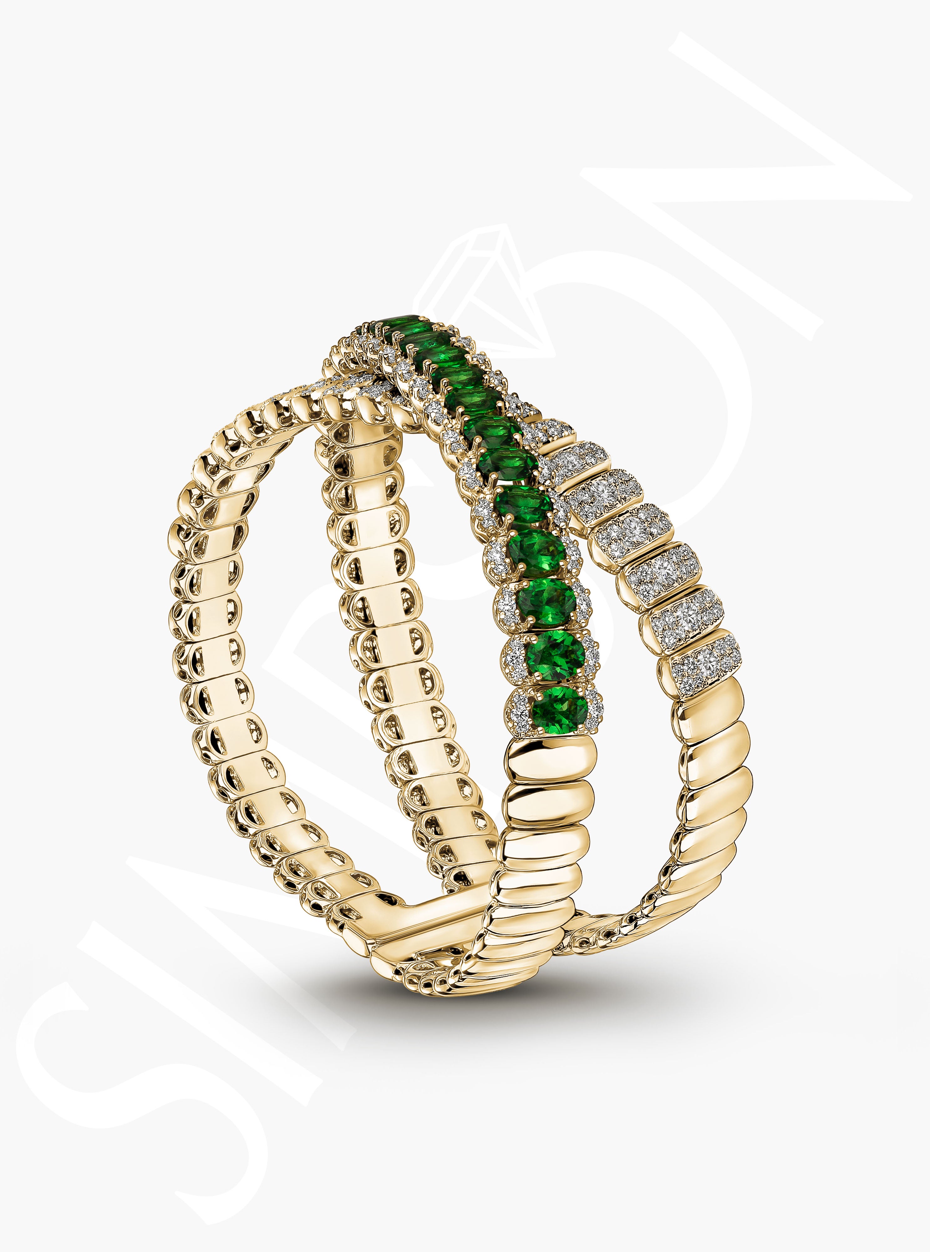 Tsavorite and Diamond Crossover Bangle