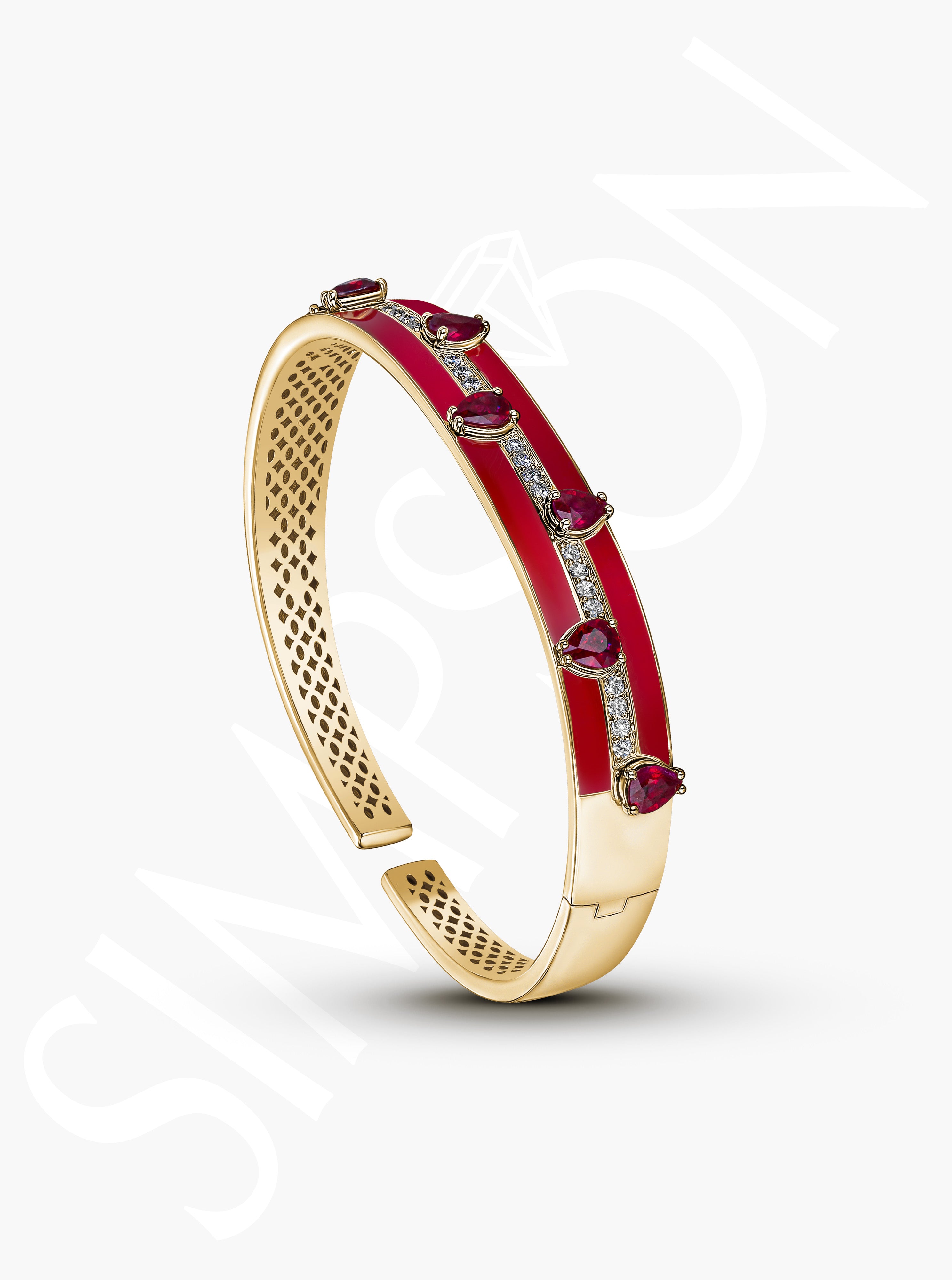 Ruby and Diamond Bangle with Red Enamel Detailing 