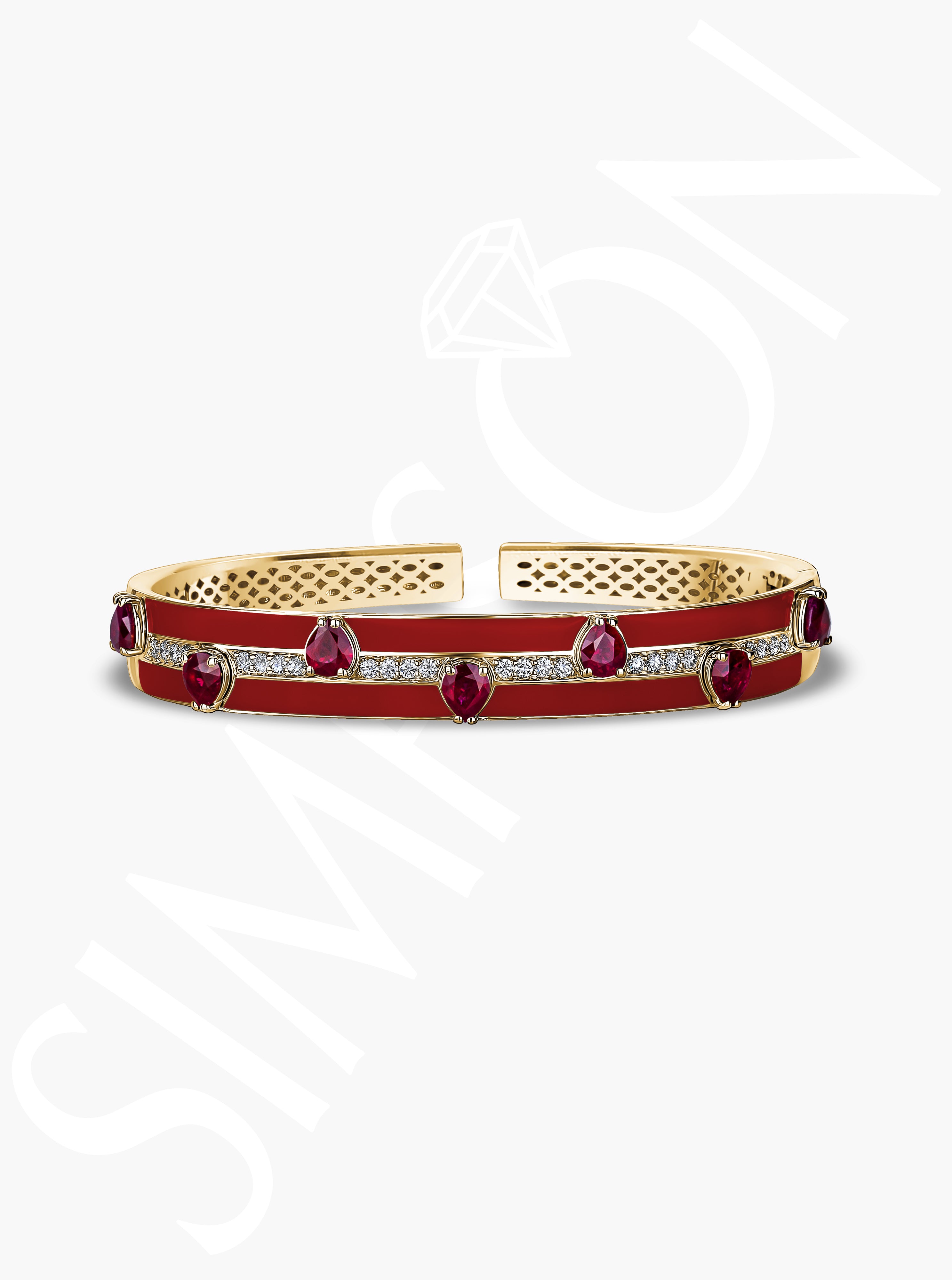 Ruby and Diamond Bangle with Red Enamel Detailing 