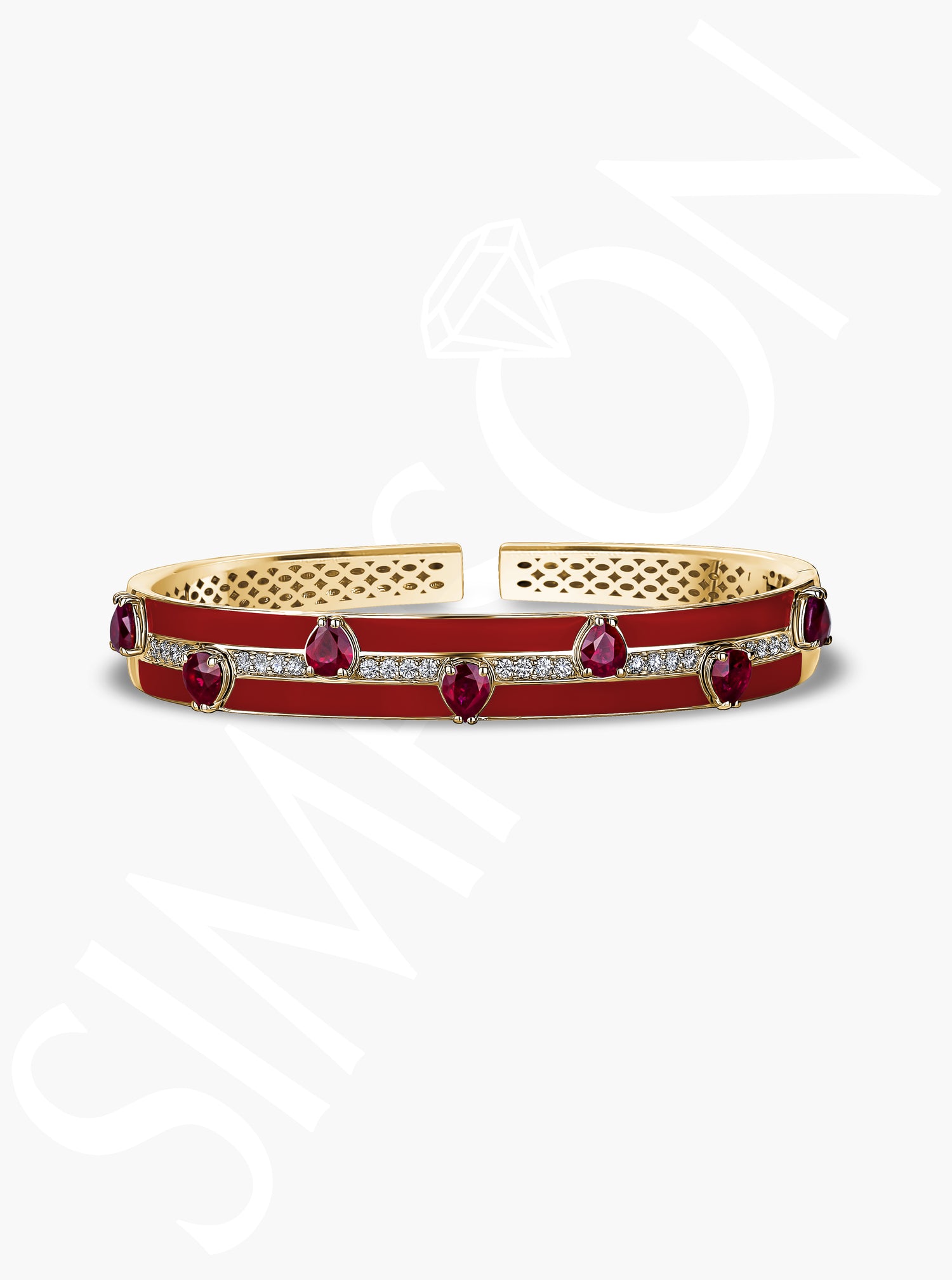 Ruby and Diamond Bangle with Red Enamel Detailing 