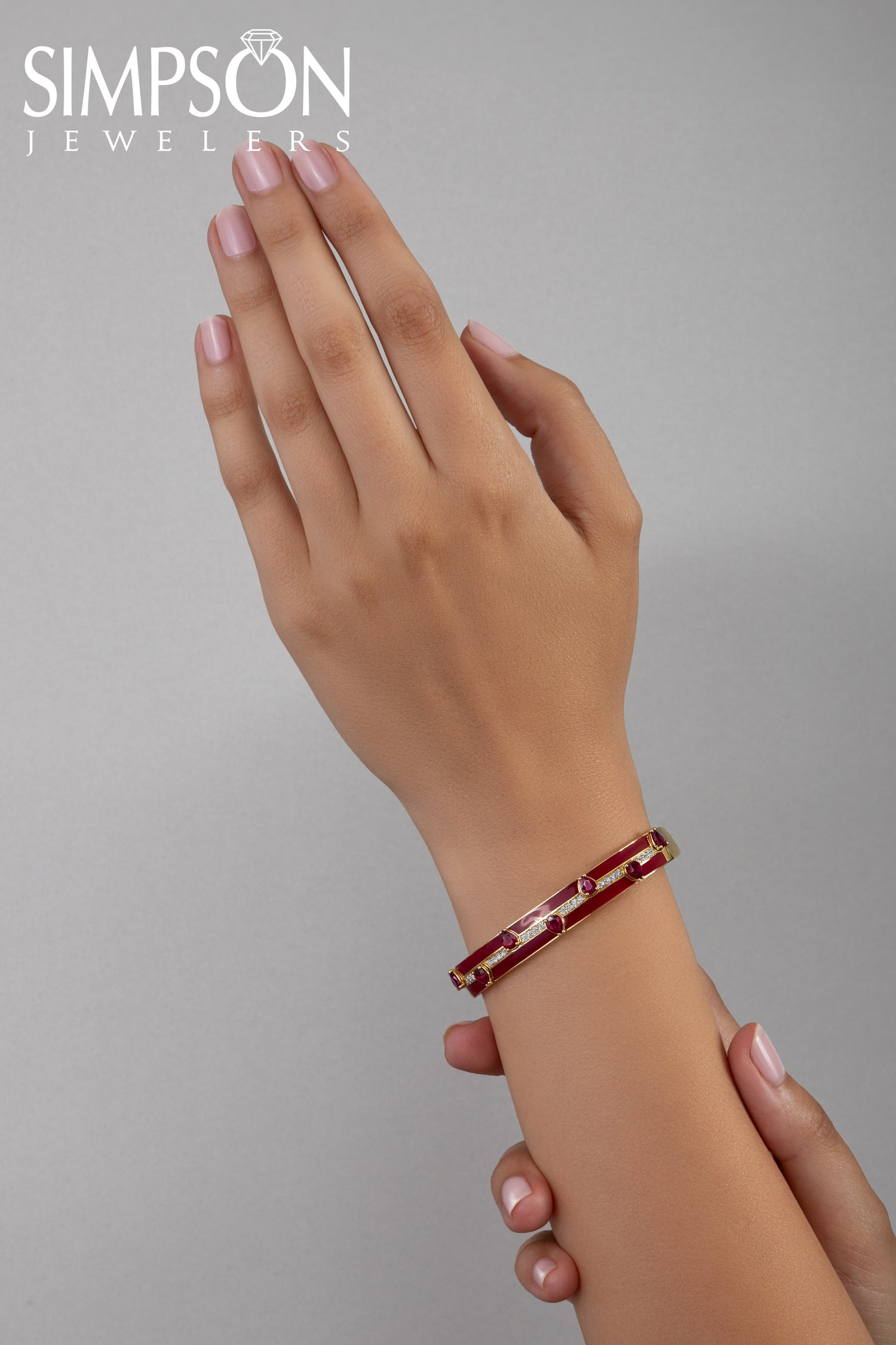 Ruby and Diamond Bangle with Red Enamel Detailing 