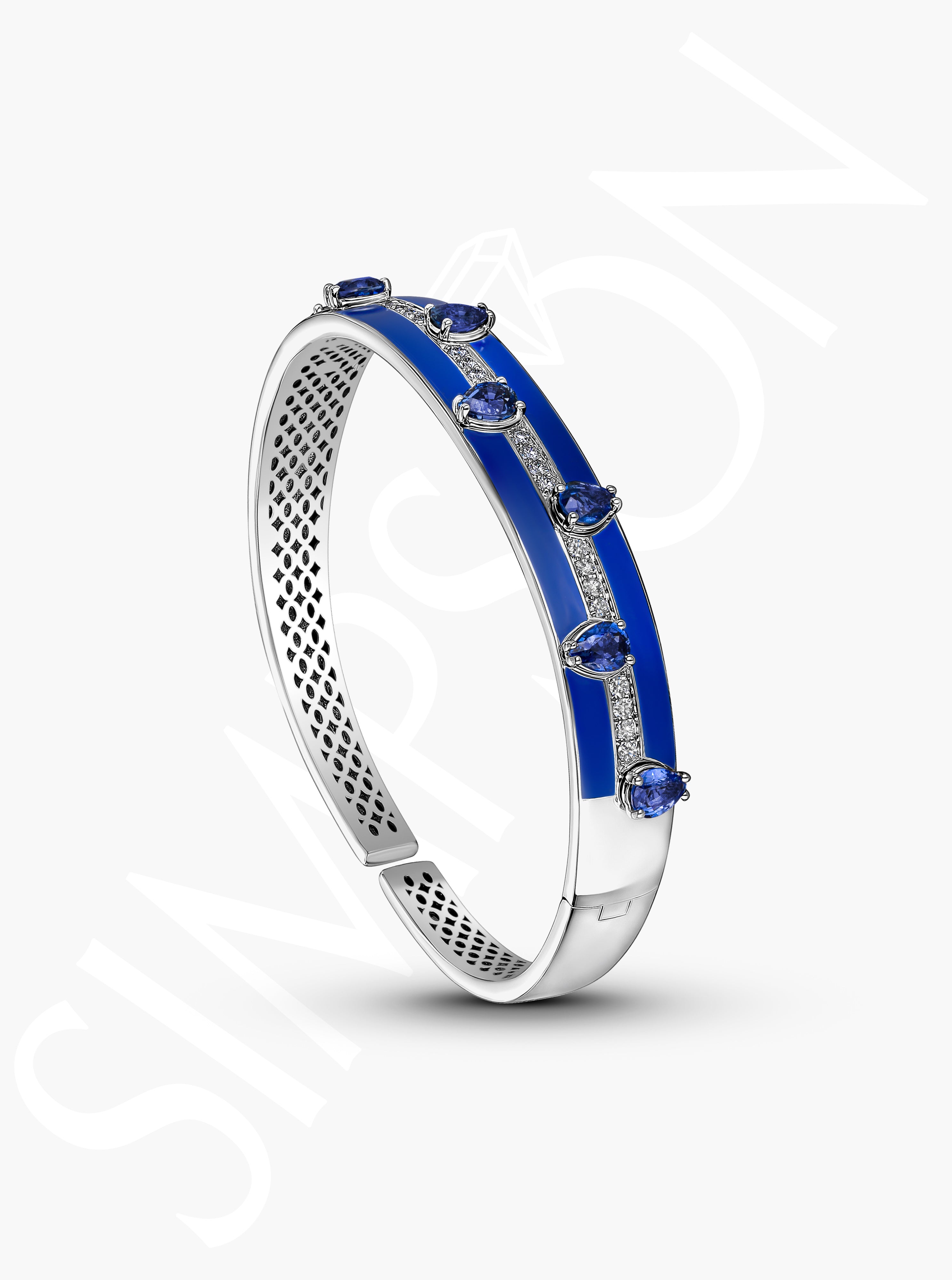 Sapphire and Diamond Bangle with Blue Enamel Accents