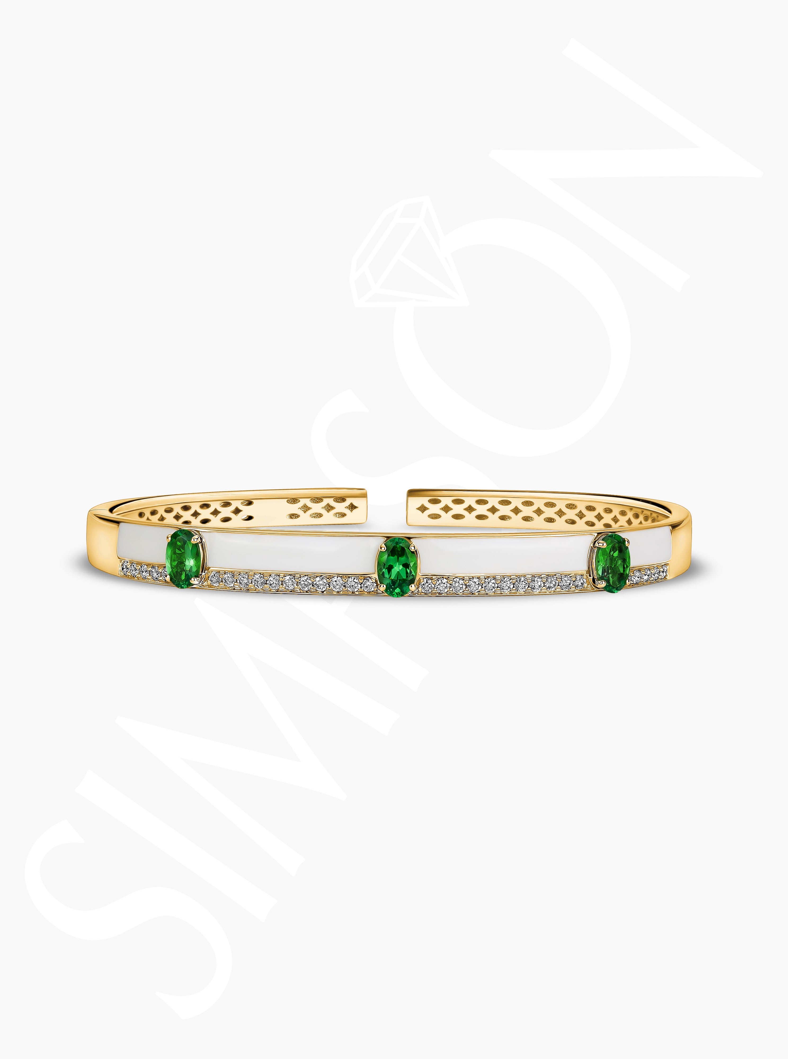 Tsavorite and Diamond Inlay Gold Bangle