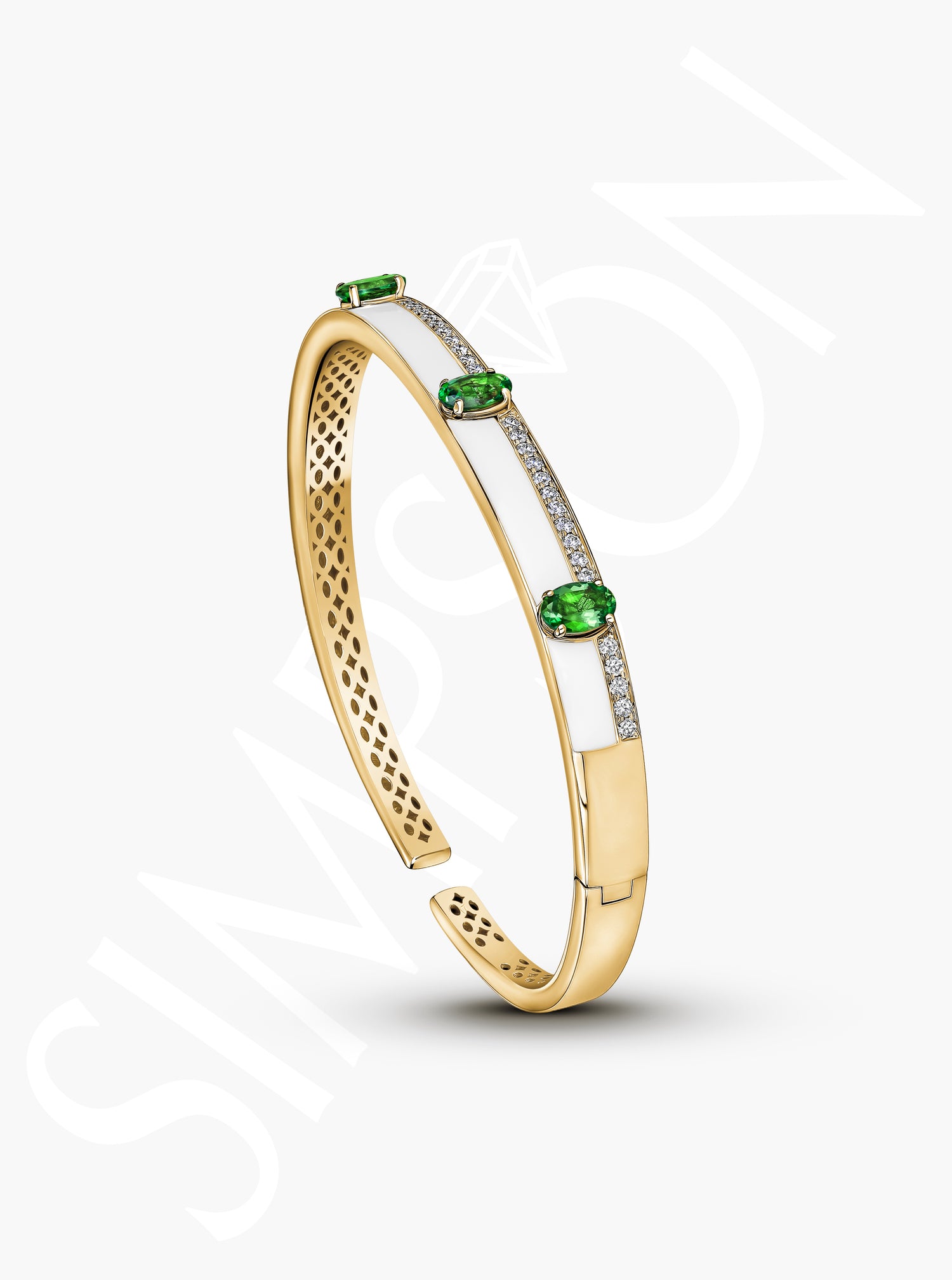 Tsavorite and Diamond Inlay Gold Bangle