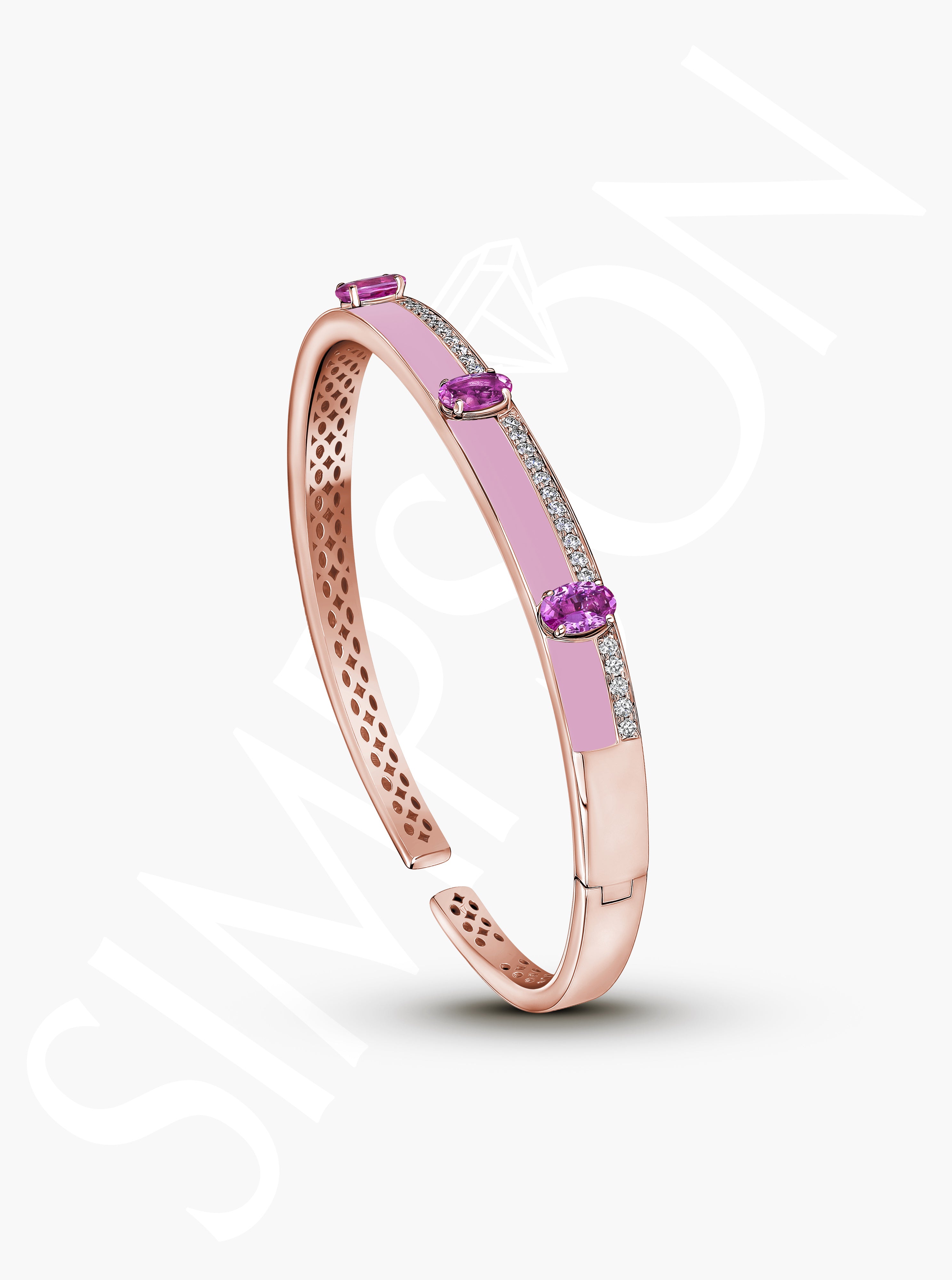 Pink Sapphire and Diamond Gold Bangle