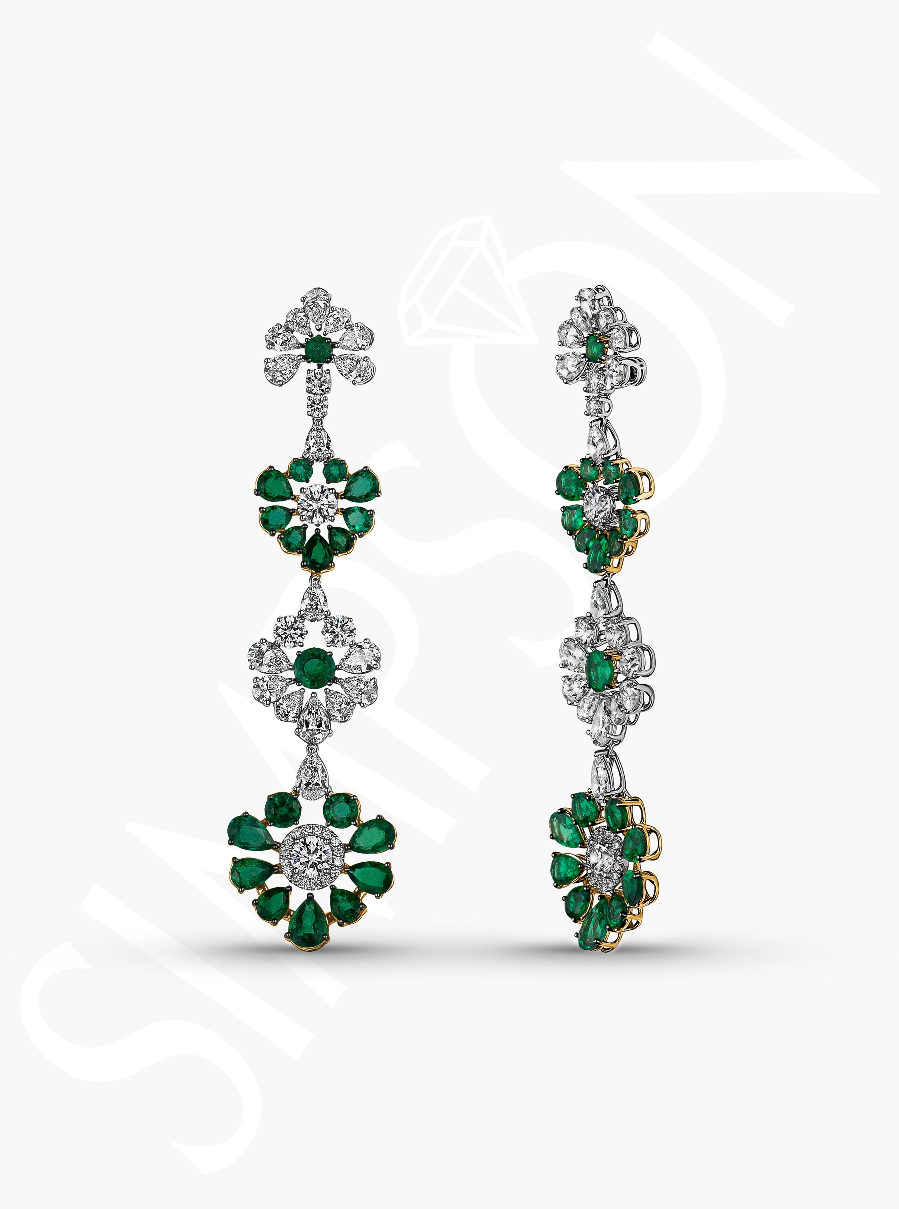 Floral Emerald and Diamond Drop Earrings