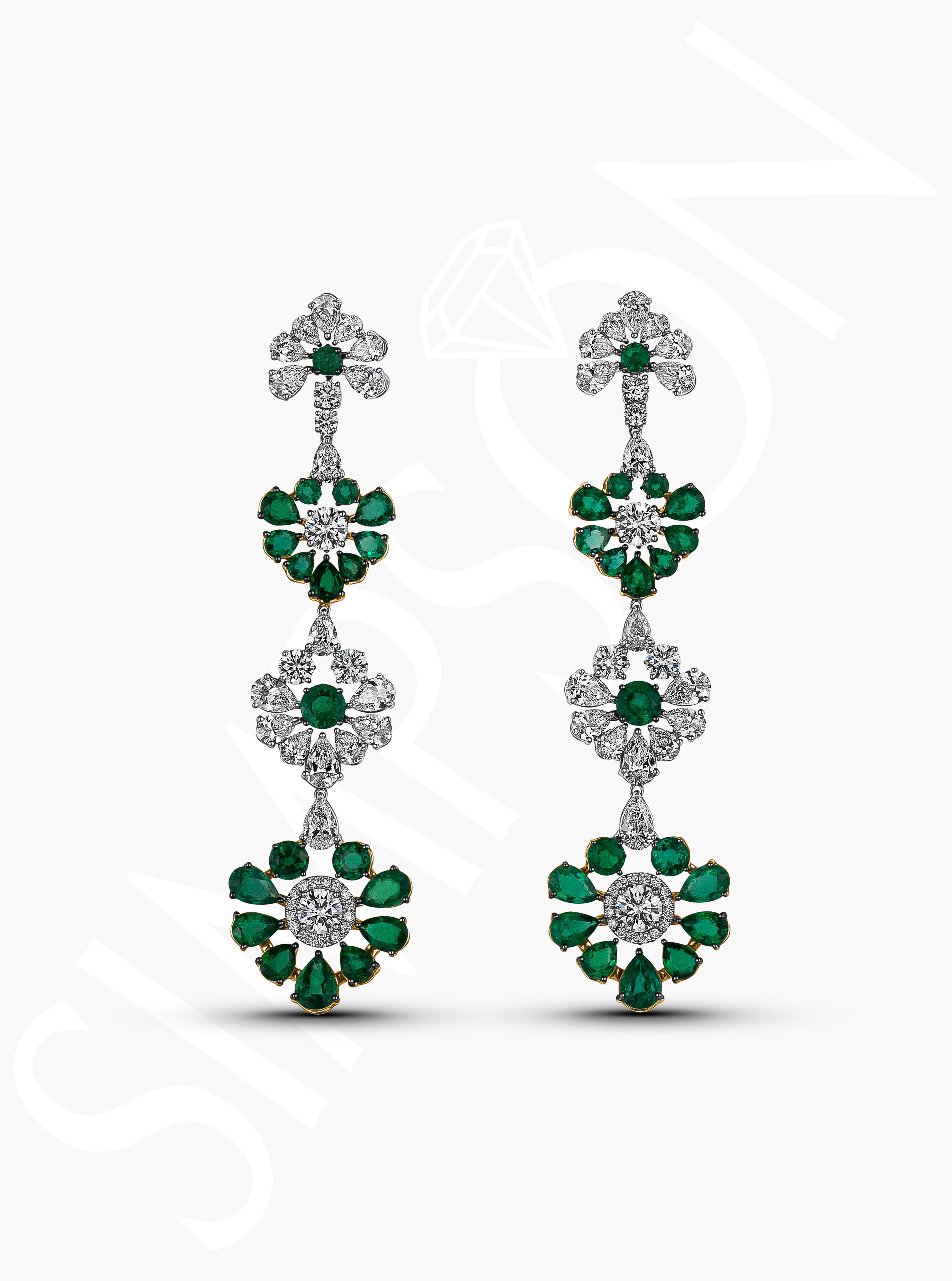 Floral Emerald and Diamond Drop Earrings