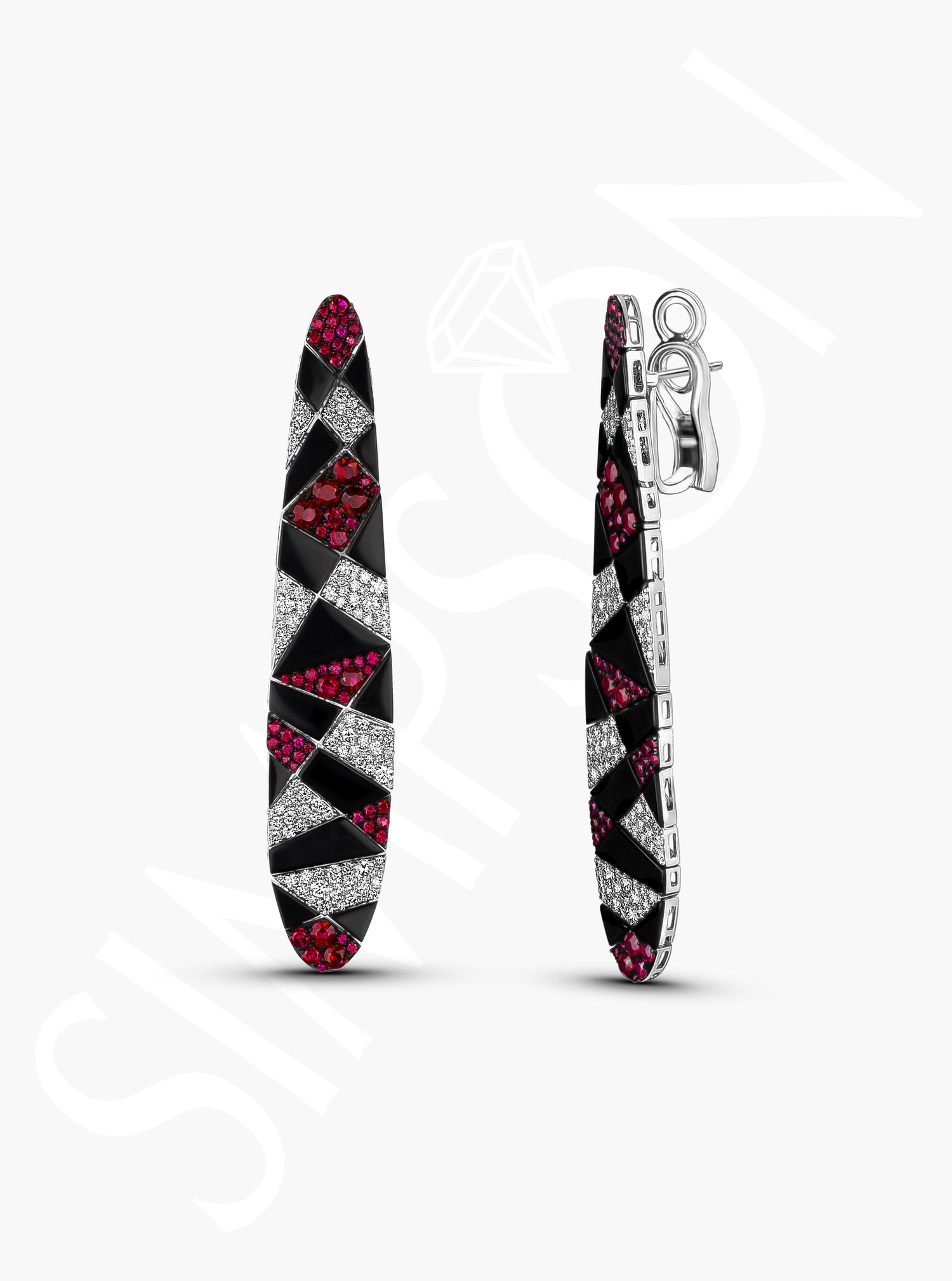 Diamond and Ruby Geometric Earrings