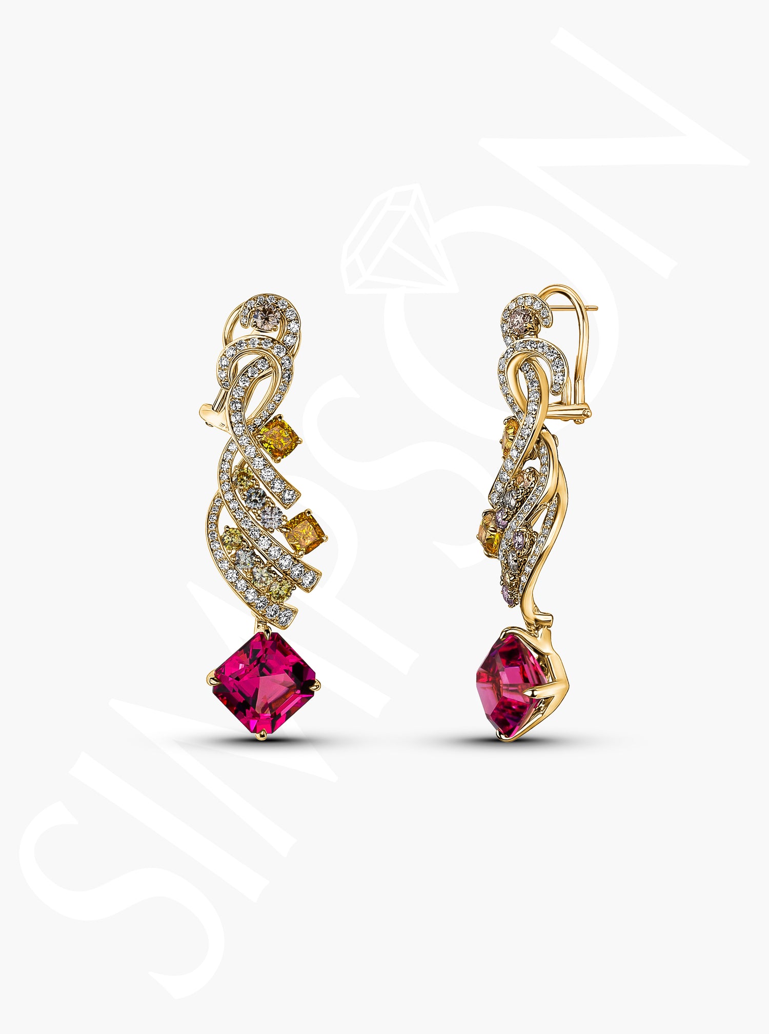 Rubellite and Citrine Diamond Drop Earrings