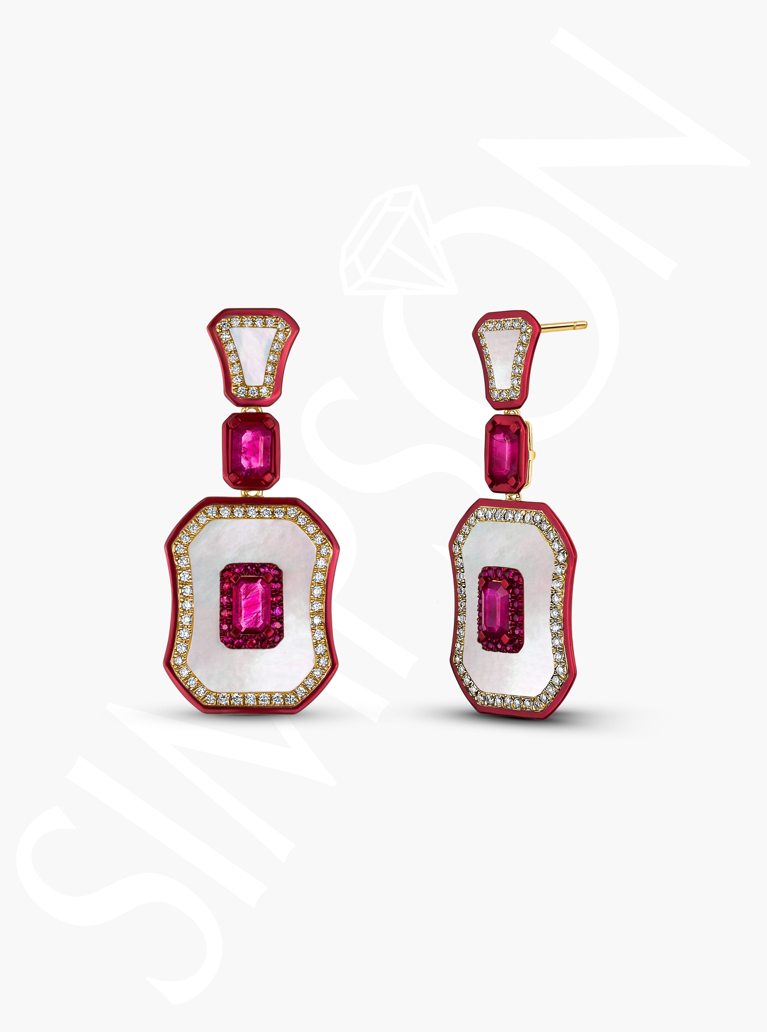 Ruby Geometric Earrings with Diamond Halo