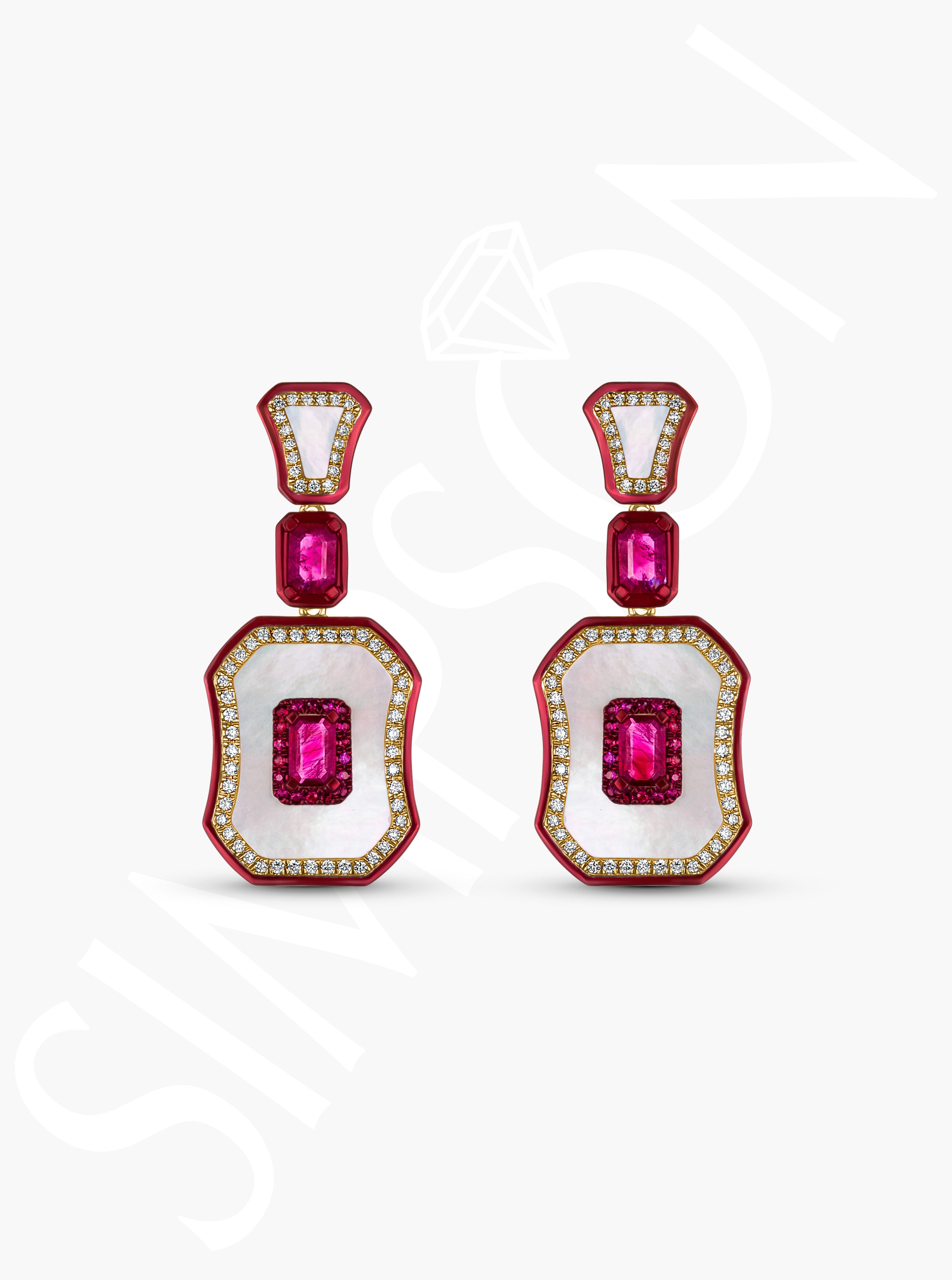 Ruby Geometric Earrings with Diamond Halo