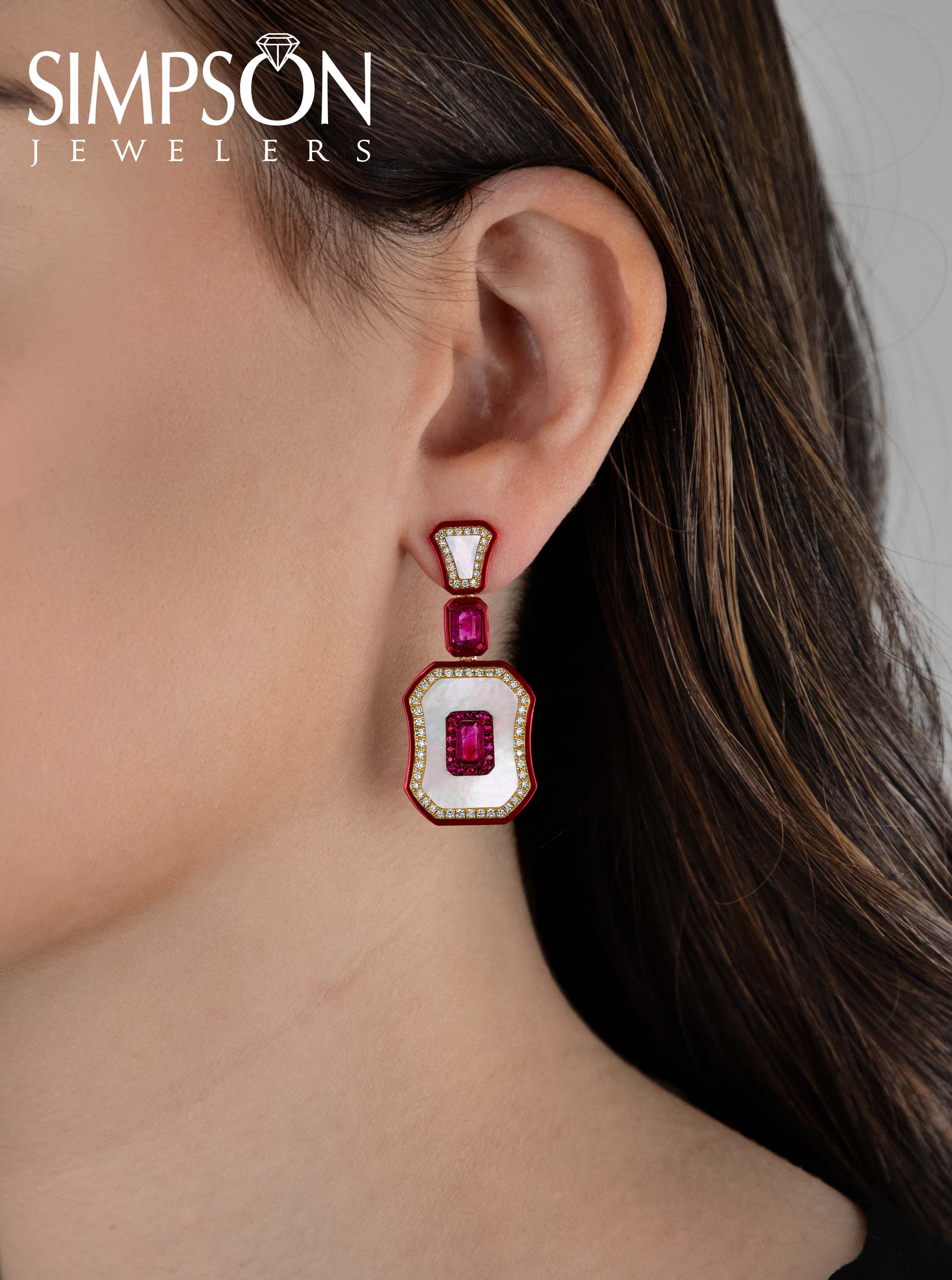 Ruby Geometric Earrings with Diamond Halo