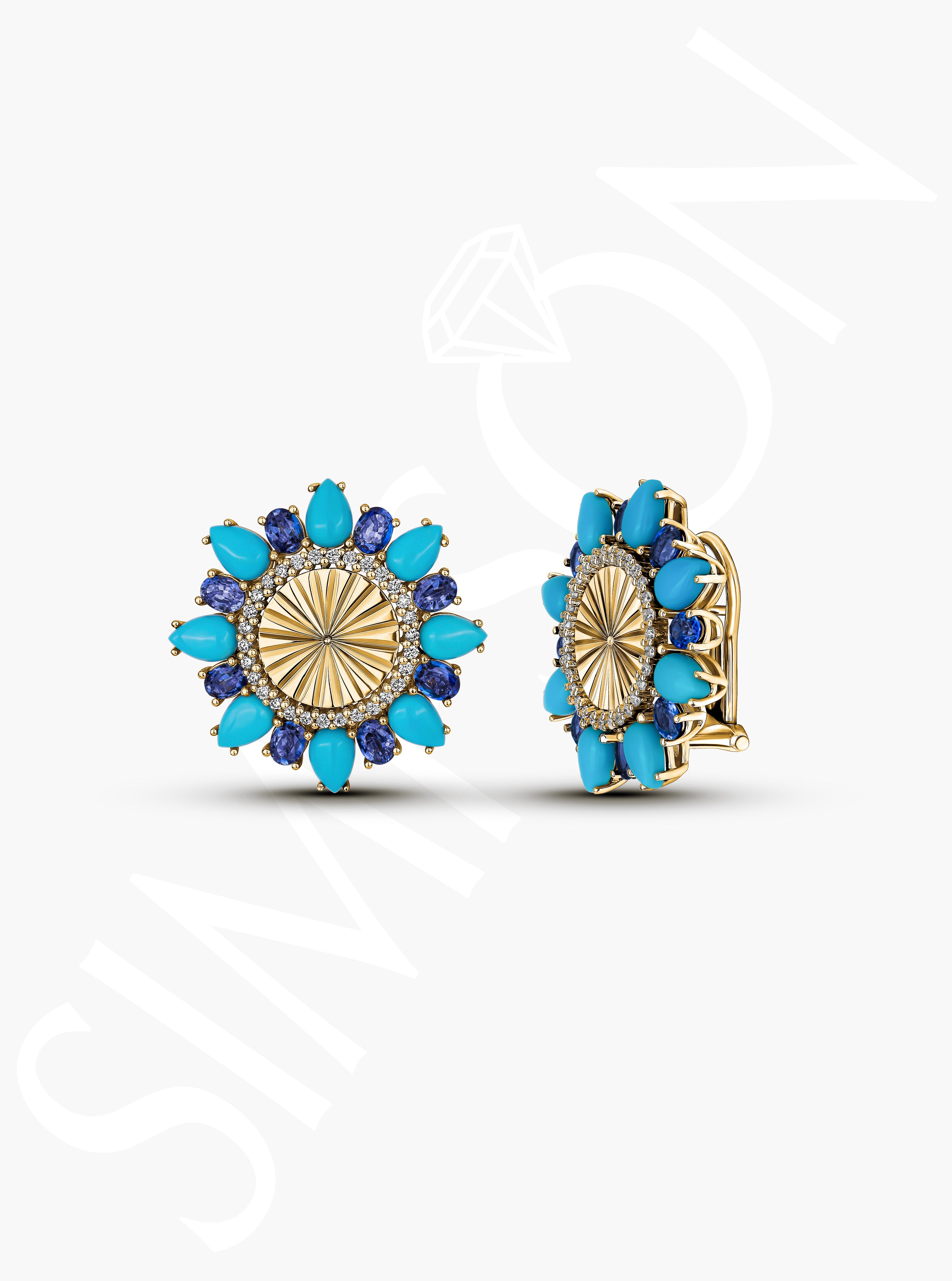 Blue Sapphire, Turquoise, and Diamond Sunburst Earrings