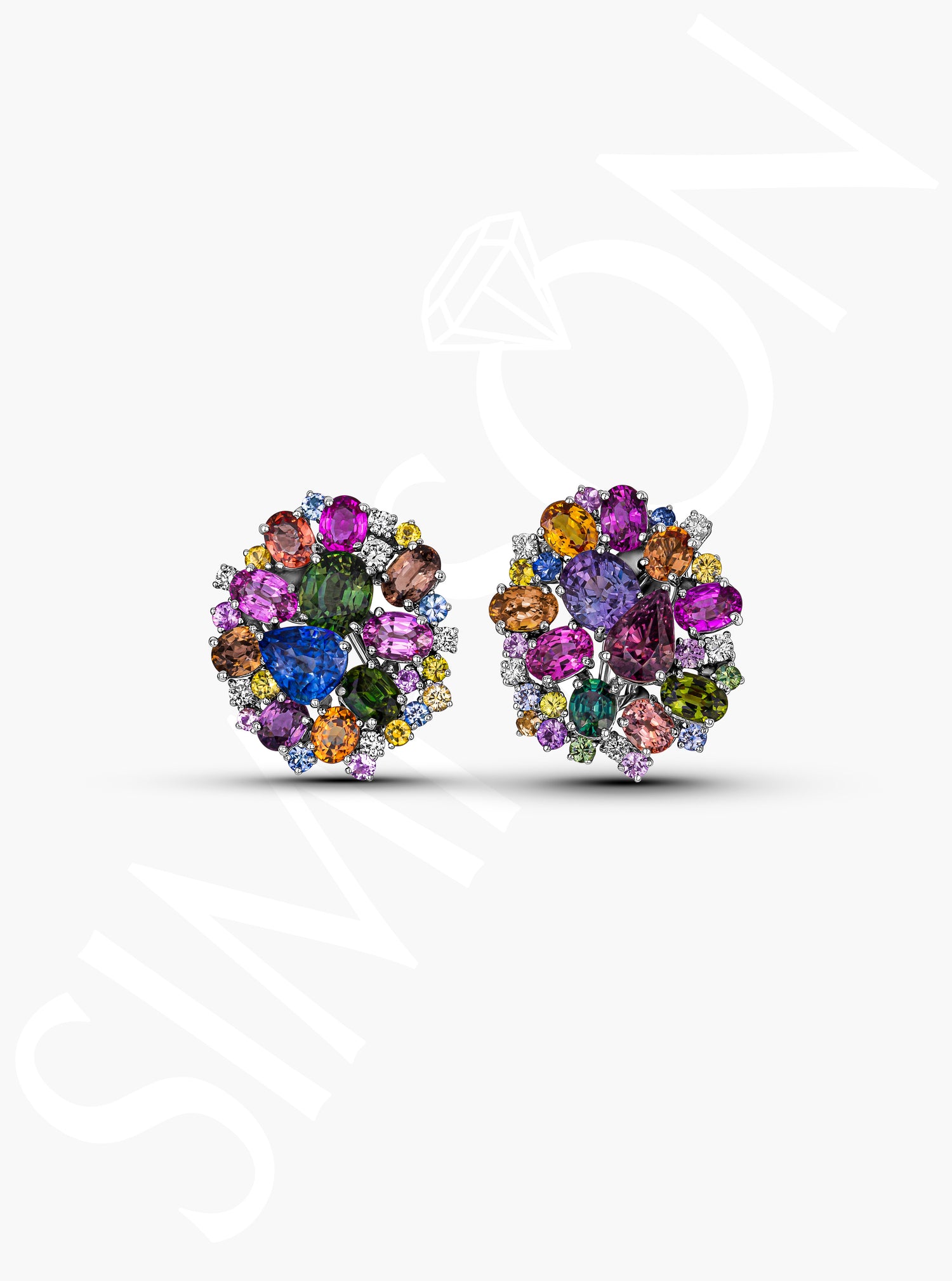 Multi-Color Gemstone and Diamond Cluster Earrings