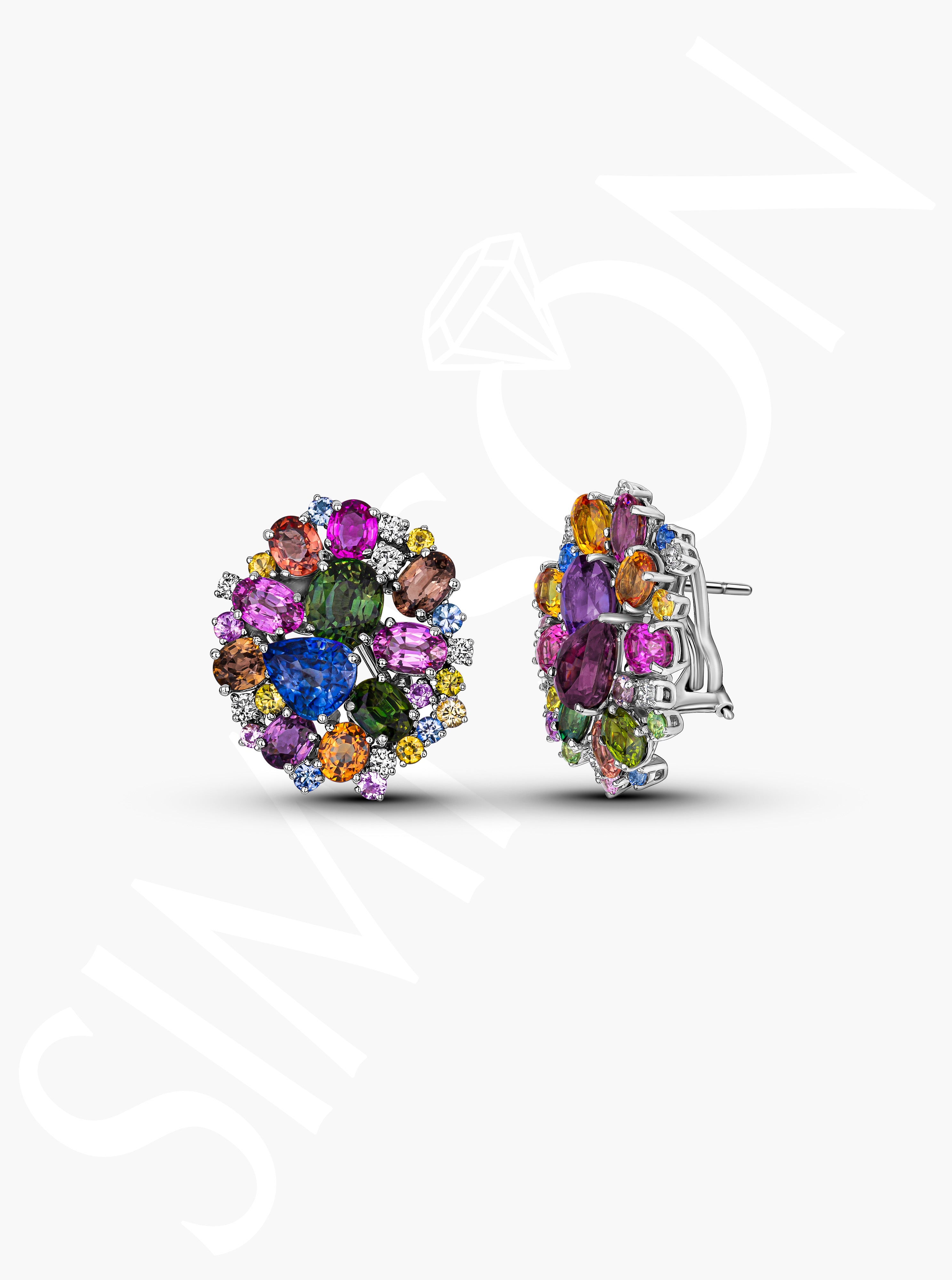 Multi-Color Gemstone and Diamond Cluster Earrings