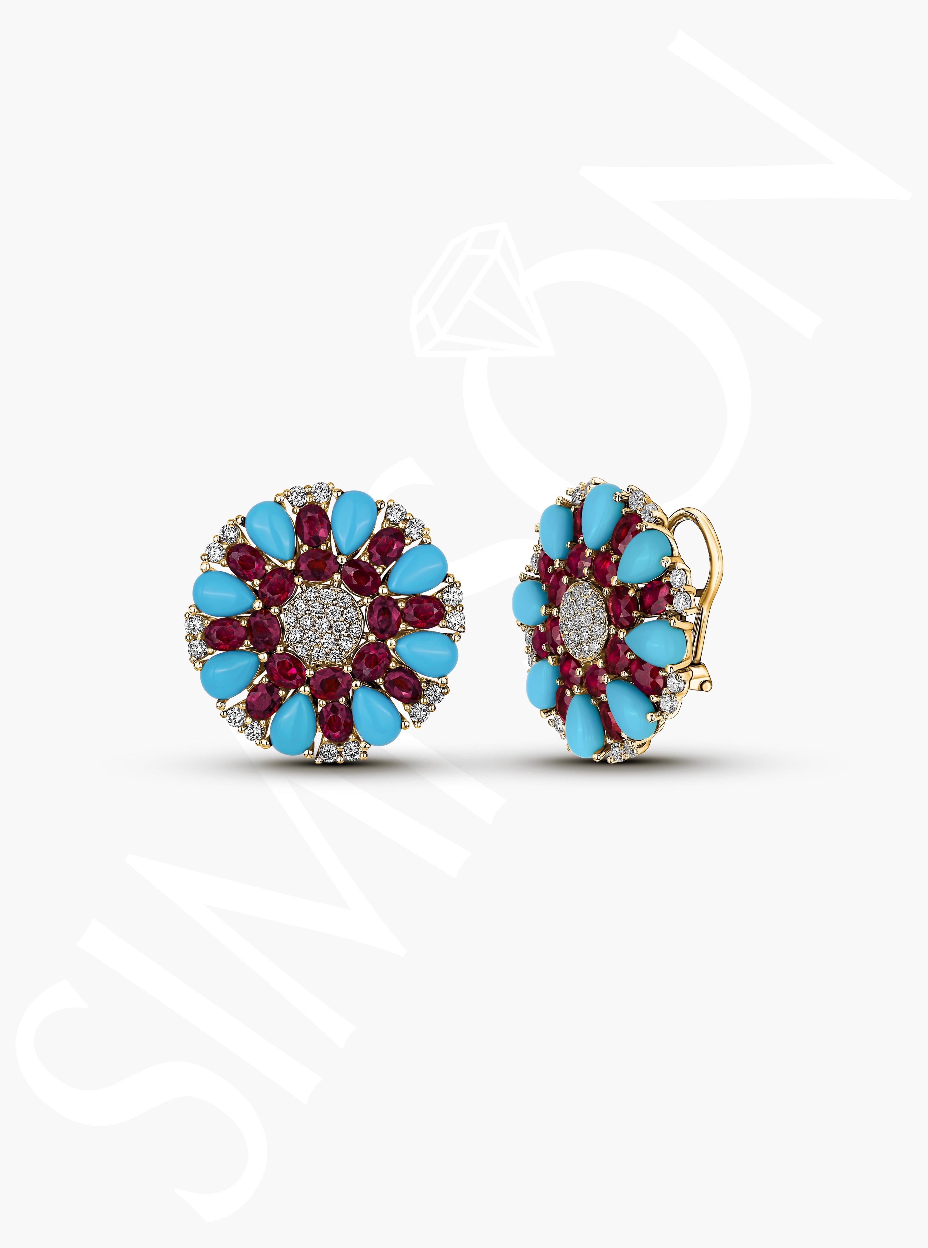 Turquoise, Ruby, and Diamond Earrings