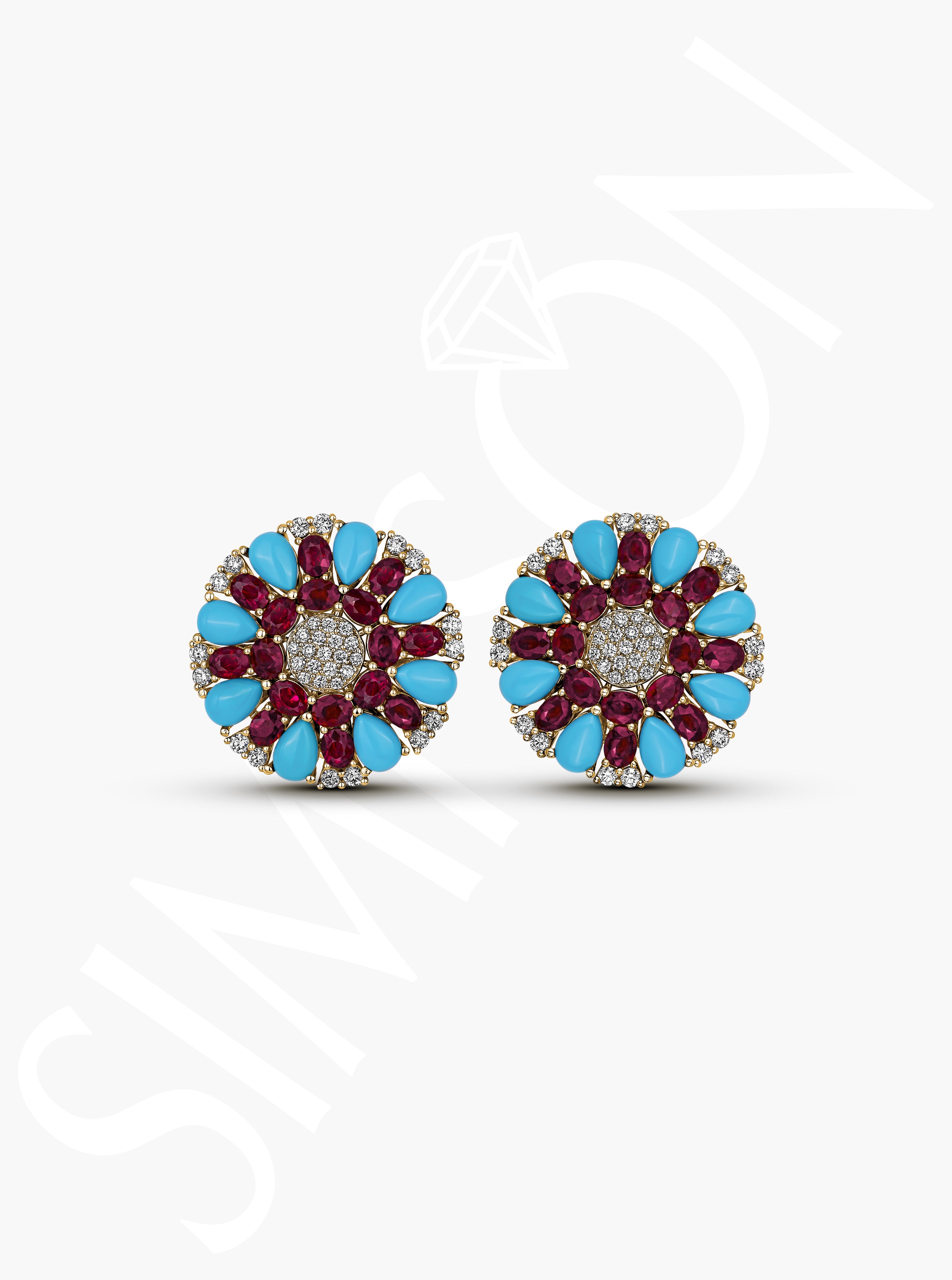 Turquoise, Ruby, and Diamond Earrings