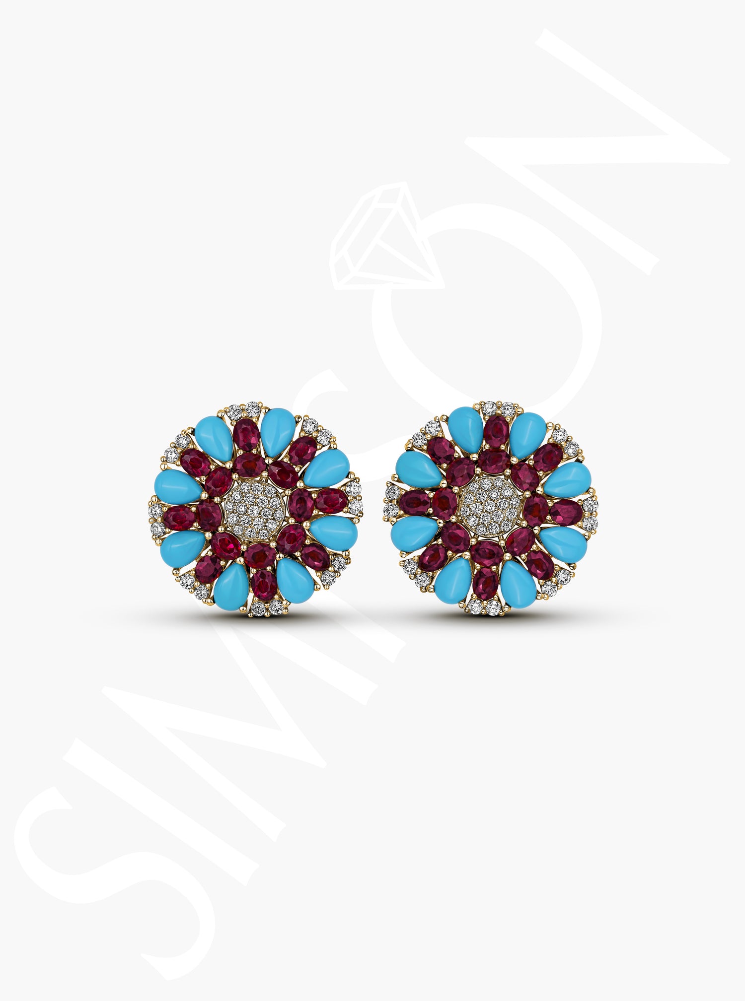 Turquoise, Ruby, and Diamond Earrings