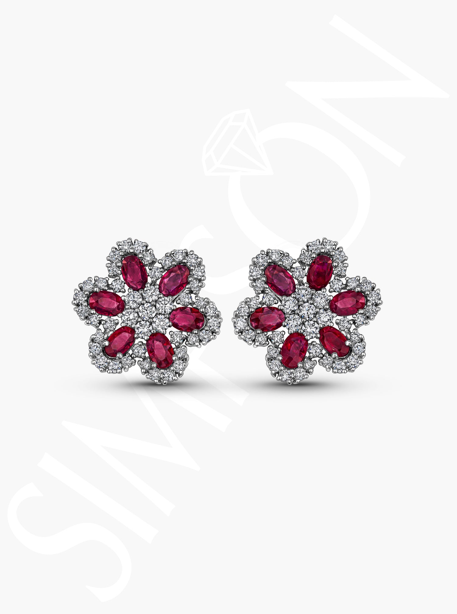 Floral Ruby and Diamond Stud Earrings