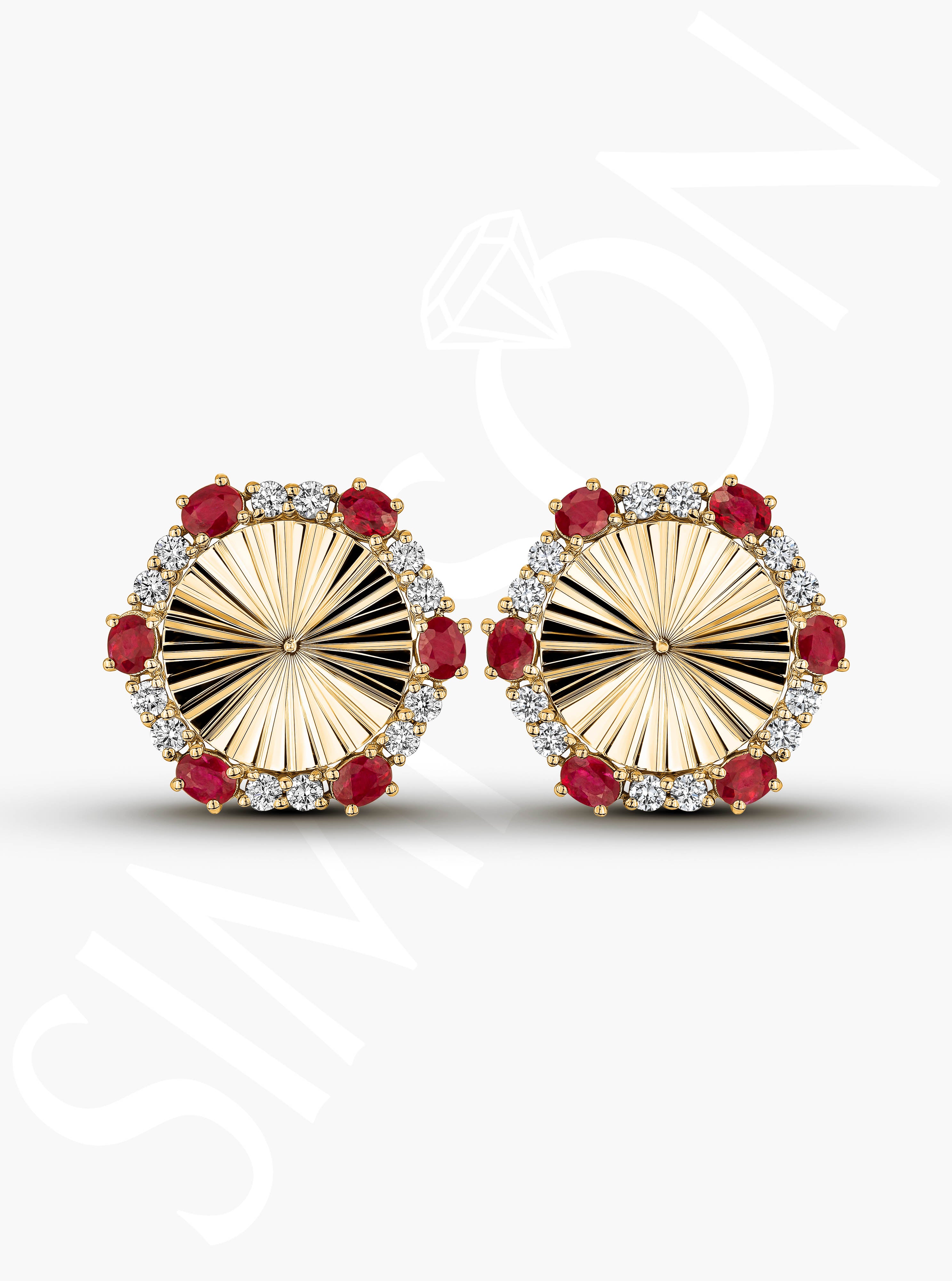 Sunburst Earrings With Diamond Halo and Ruby Accents
