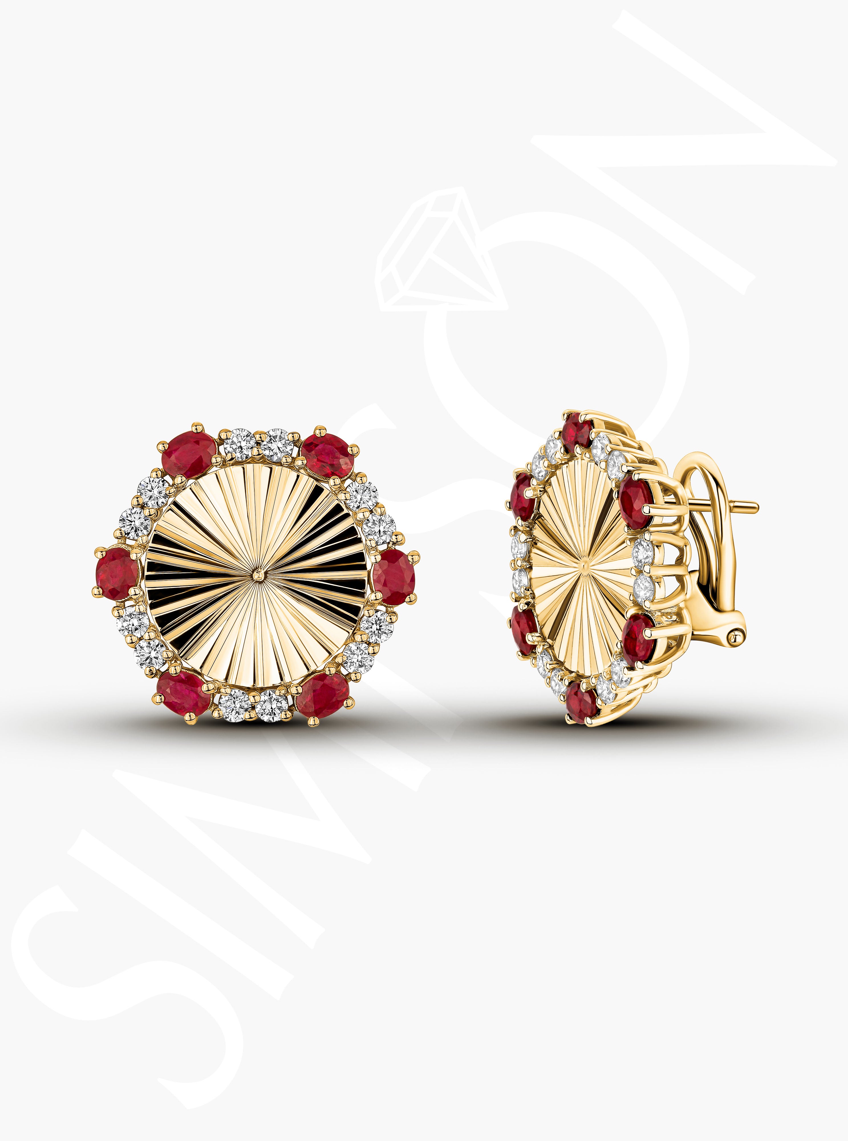 Sunburst Earrings With Diamond Halo and Ruby Accents