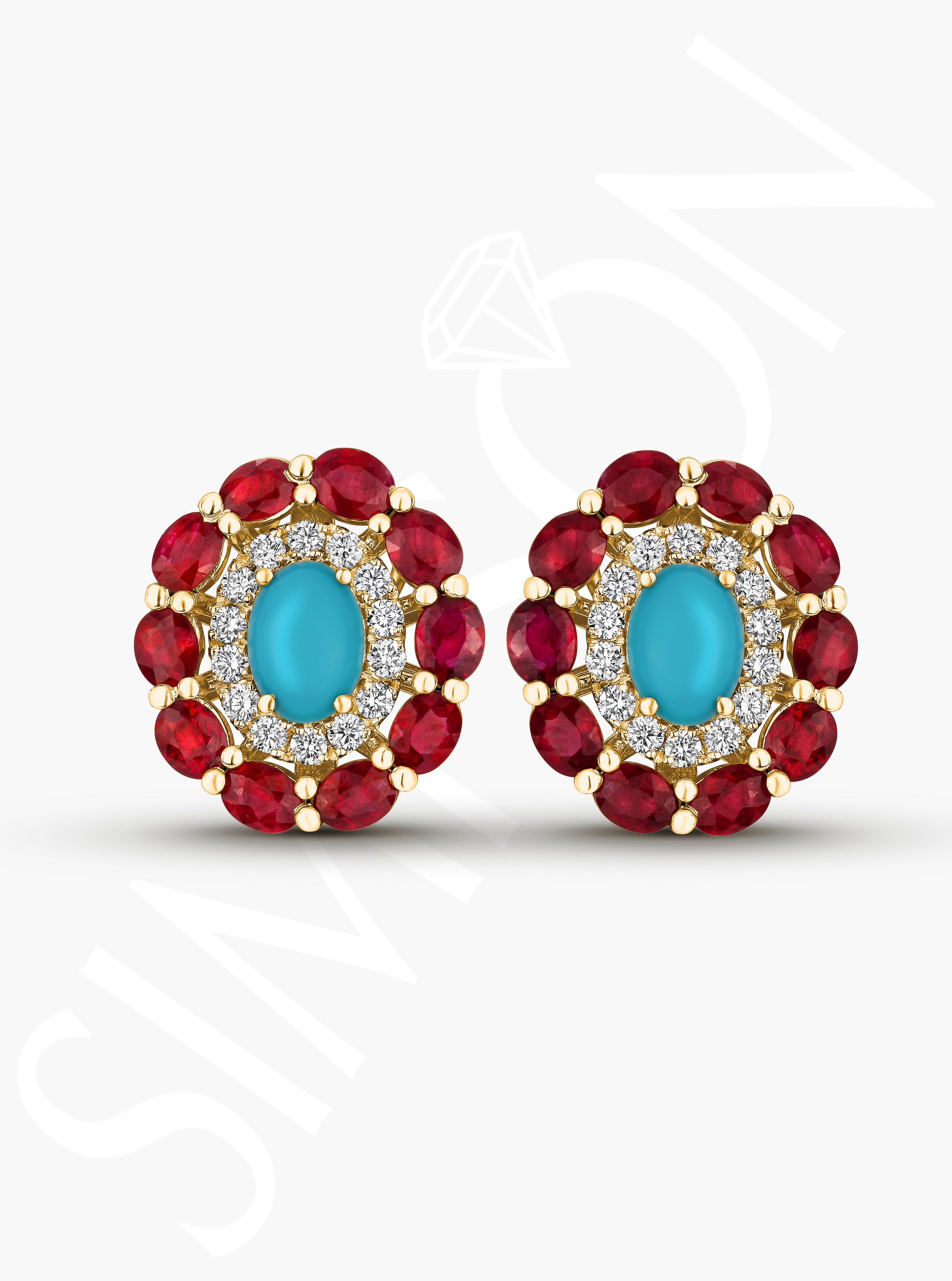 Turquoise, Ruby and Diamond Stud Earrings