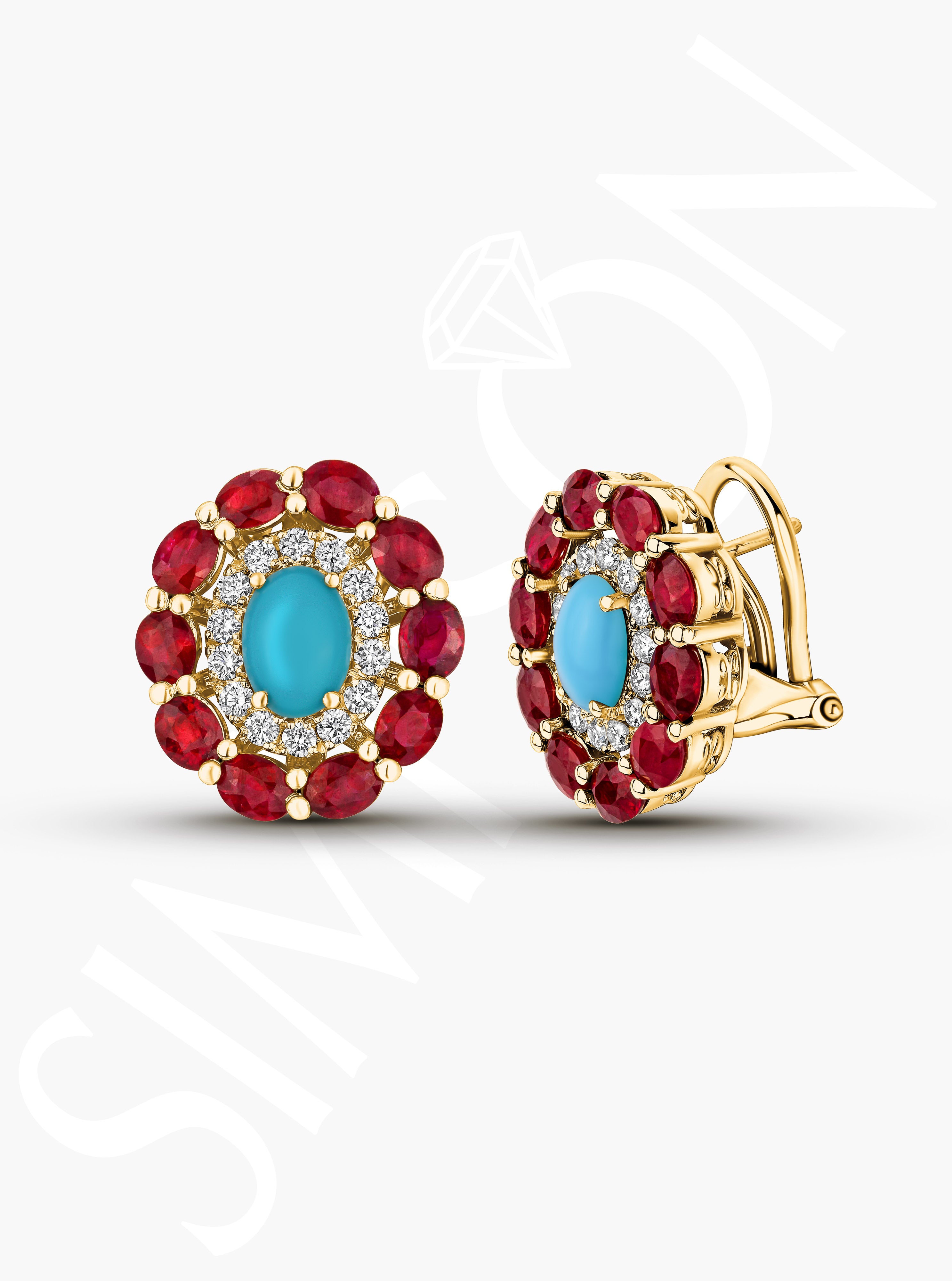 Turquoise, Ruby and Diamond Stud Earrings