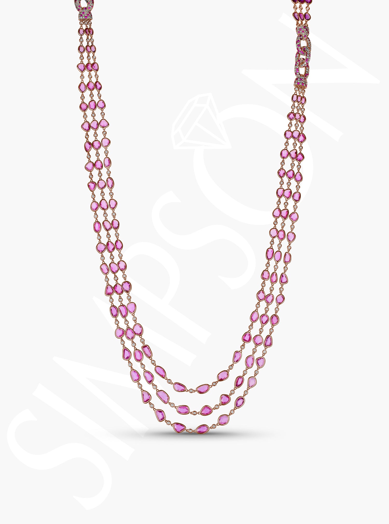 Triple-Strand Pink Sapphire and Diamond Necklace