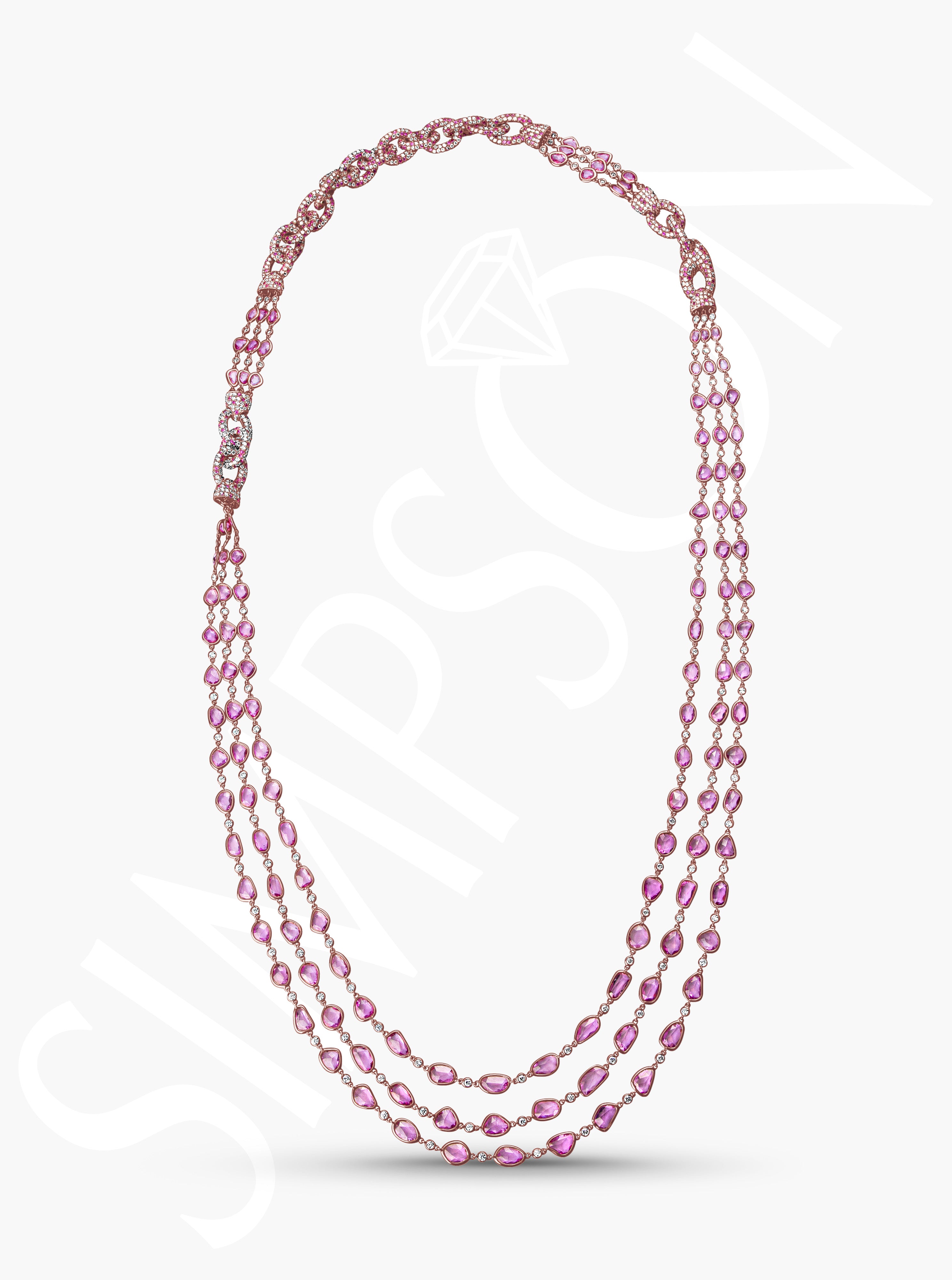 Triple-Strand Pink Sapphire and Diamond Necklace