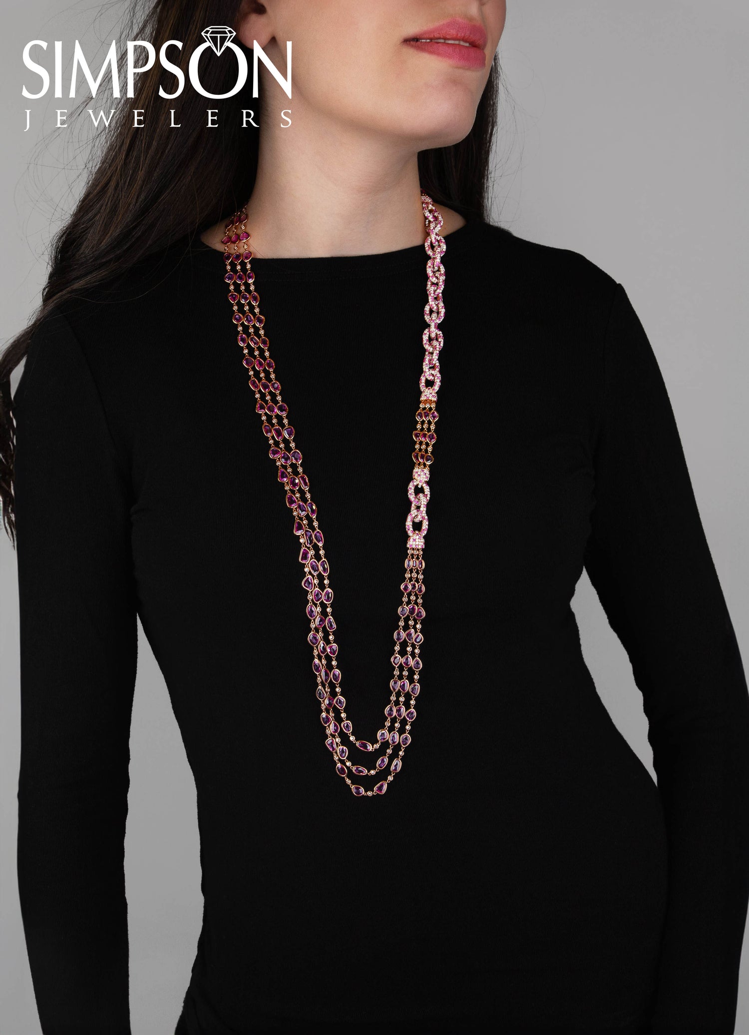 Triple-Strand Pink Sapphire and Diamond Necklace