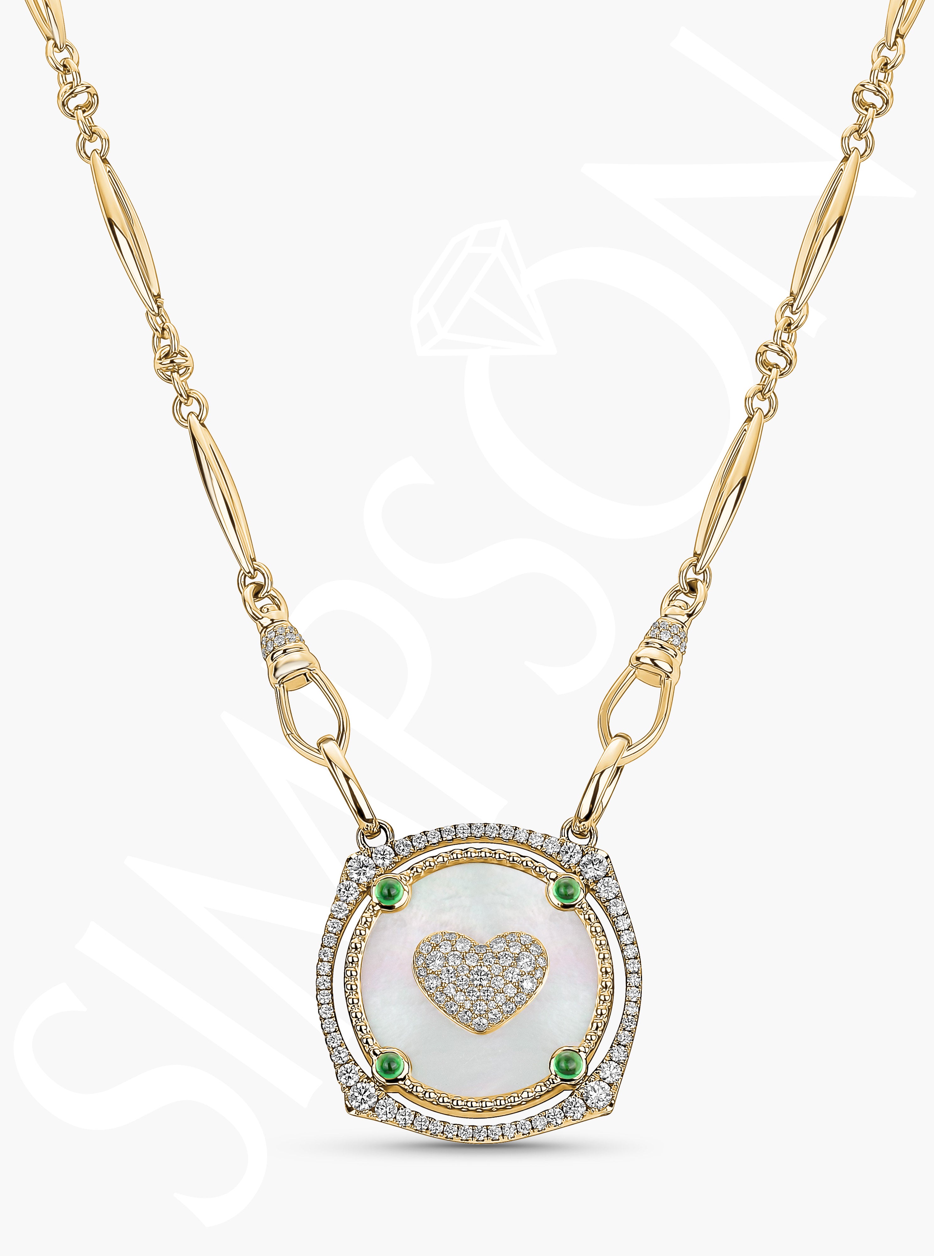 Mother of Pearl, Tsavorite and Diamond Heart Necklace