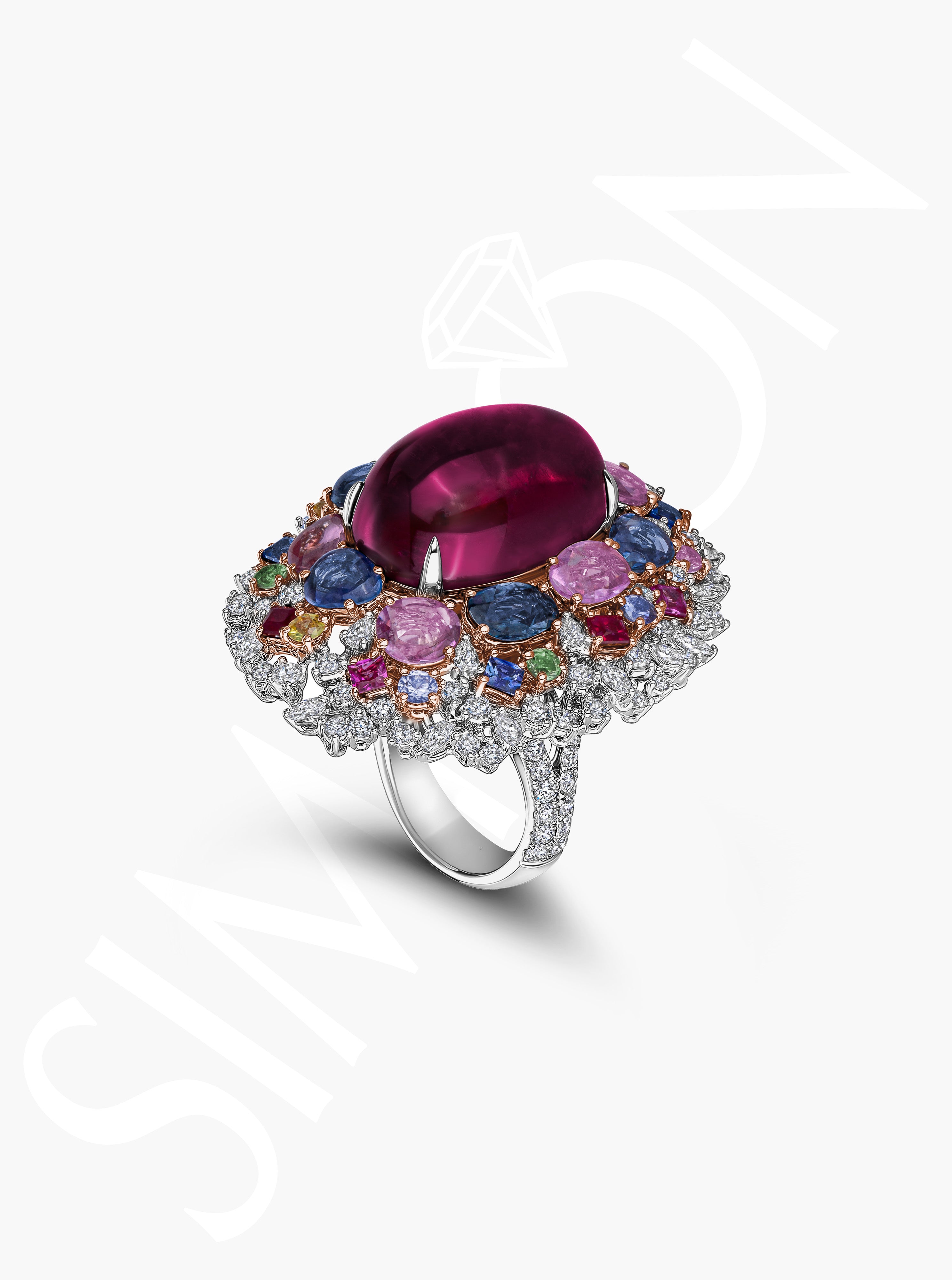 Rubellite and Multi-Gemstone Halo Ring